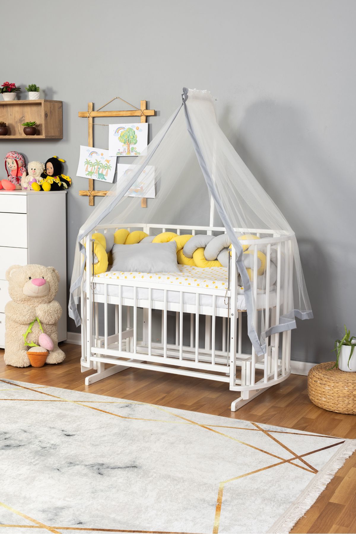 Carino Wins Ahşap Beşik Anne Yanı Yeni Doğan Papatya Beyaz Bebek Beşiği SARI GRİ ÖRGÜ UYKU SETLİ