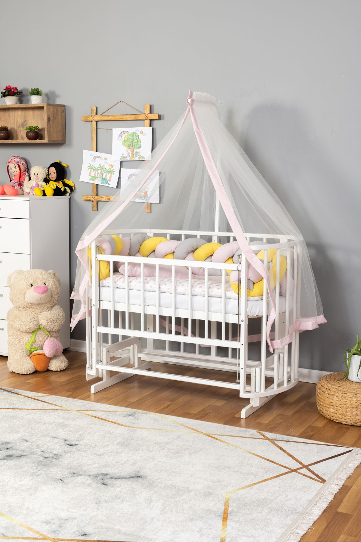 Carino Wins Ahşap Beşik Anne Yanı Yeni Doğan Papatya Beyaz Bebek Beşiği PEMBE SARI ÖRGÜ UYKU SETLİ