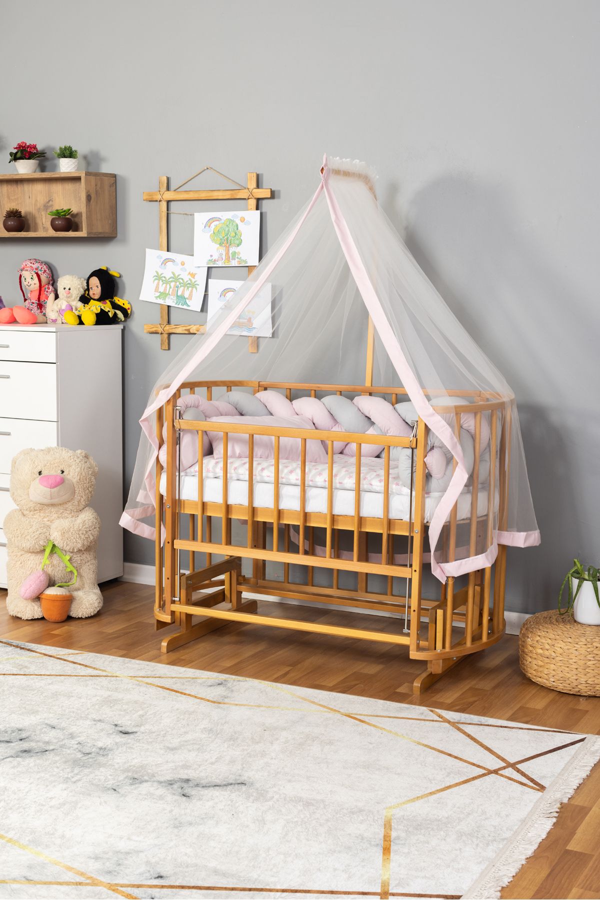 Carino Wins Ahşap Beşik Anne Yanı Yeni Doğan Papatya Doğal Bebek Beşiği PEMBE GRİ ÖRGÜ UYKU SETLİ
