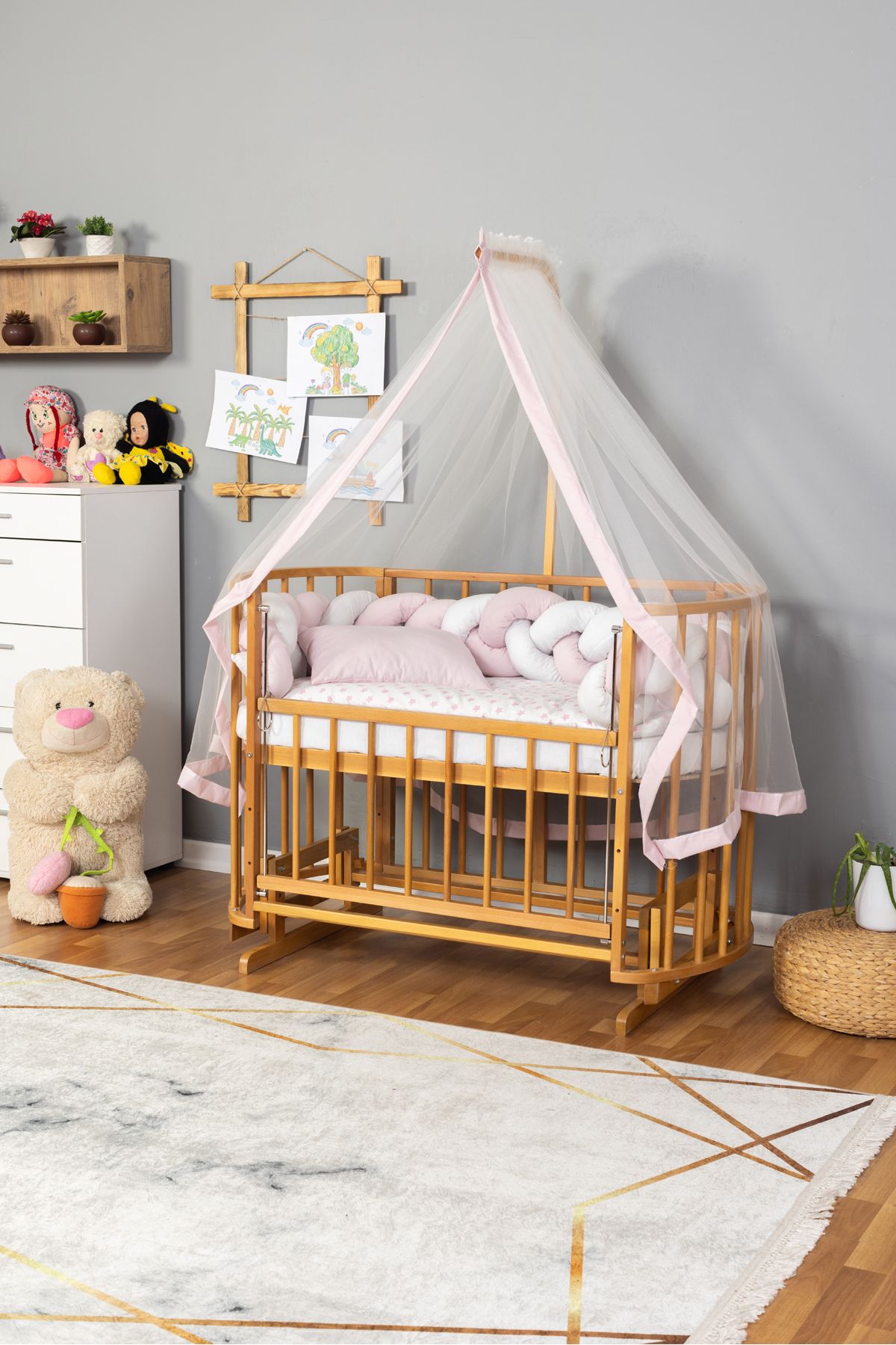 Carino Wins Ahşap Beşik Anne Yanı Yeni Doğan Papatya Doğal Bebek Beşiği PEMBE BEYAZ ÖRGÜ UYKU SETLİ