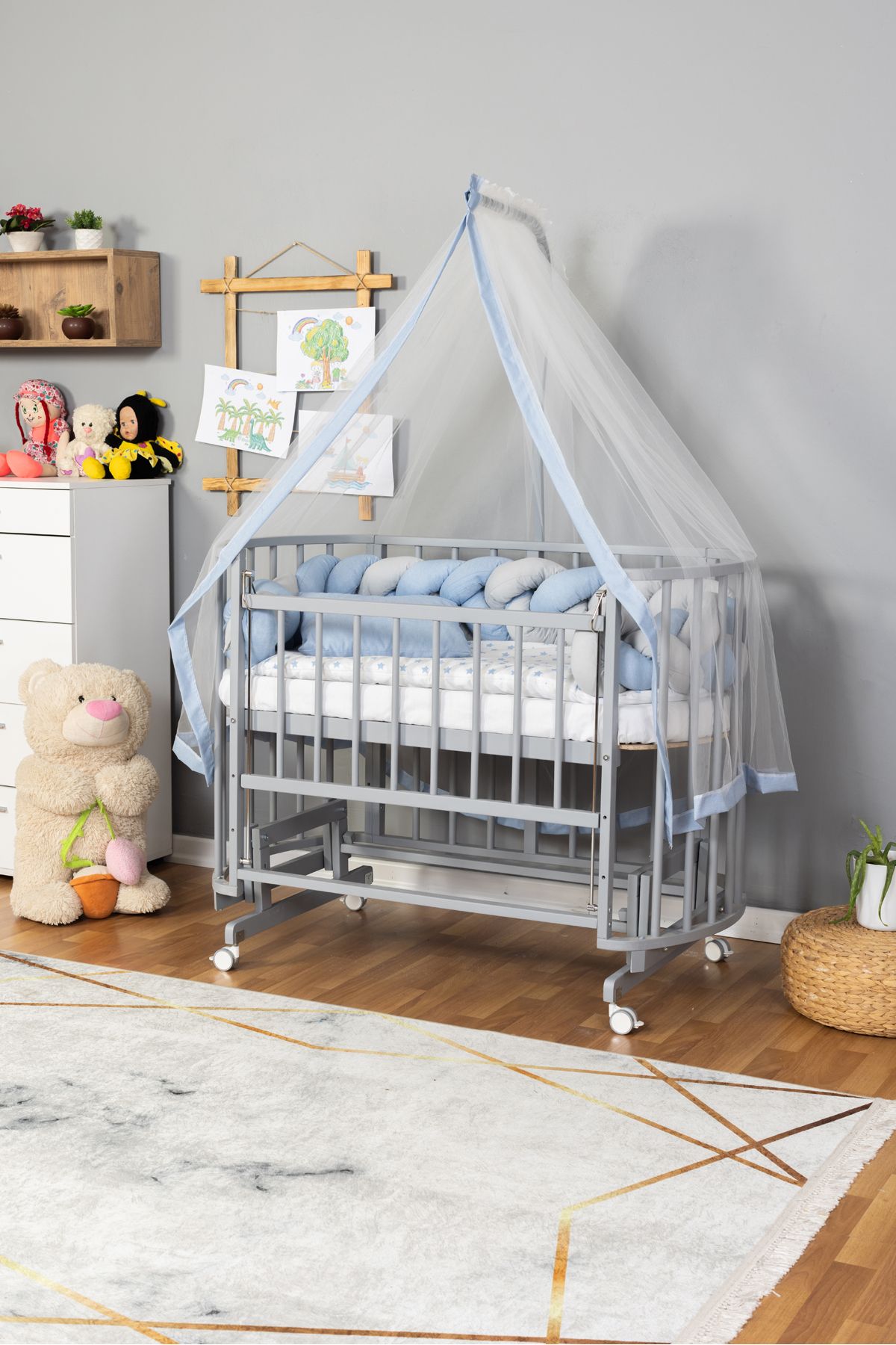Carino Wins Ahşap Beşik Anne Yanı Yeni Doğan Papatya GRİ Bebek Beşiği MAVİ GRİ ÖRGÜ UYKU SETLİ+TEKER