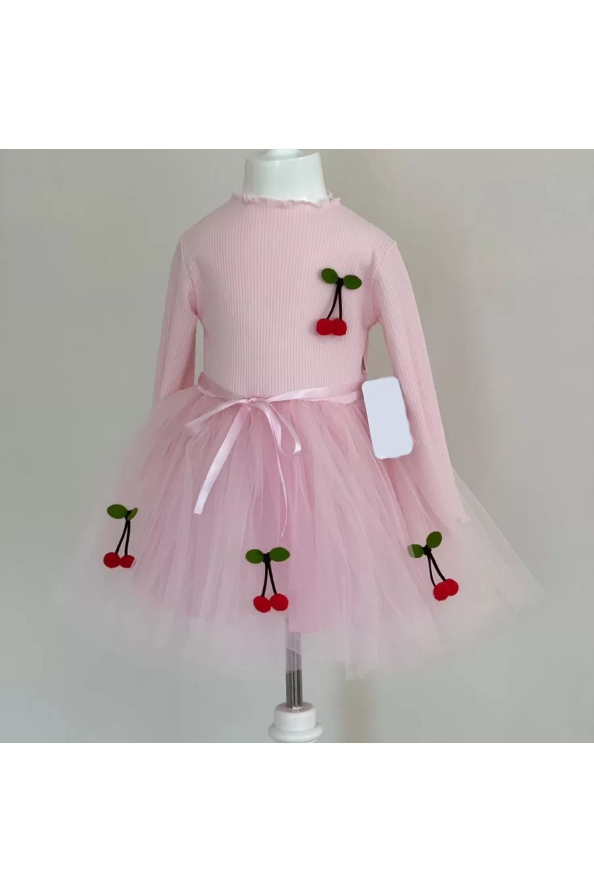 onlinebutik Kiraz Desenli Kurdela Kuşaklı Astarlı Uzun Kollu Kız Çocuk Tütü Elbise Pembe