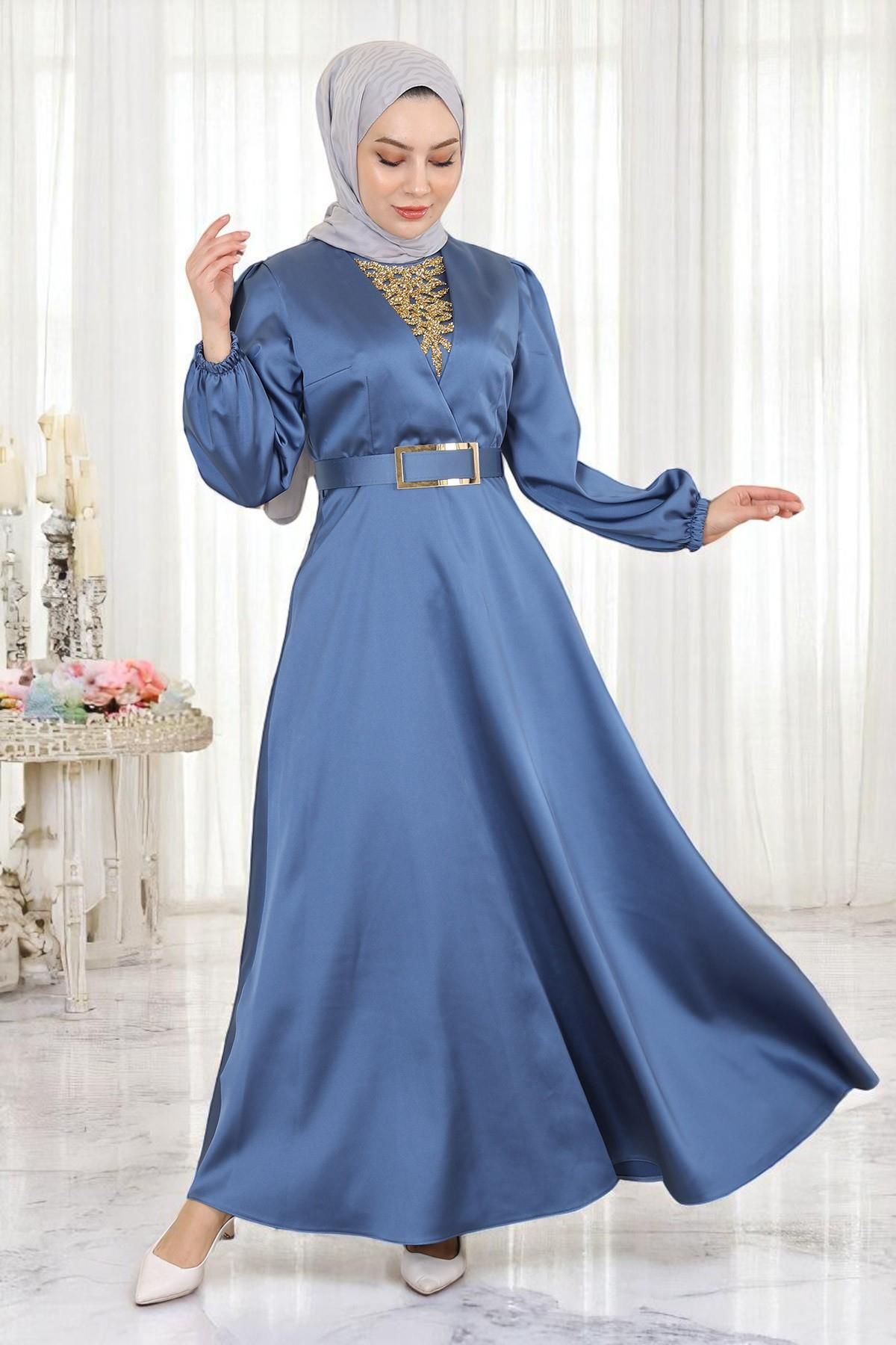 Missvalle Taş Detaylı Saten Abiye Mavi 19901