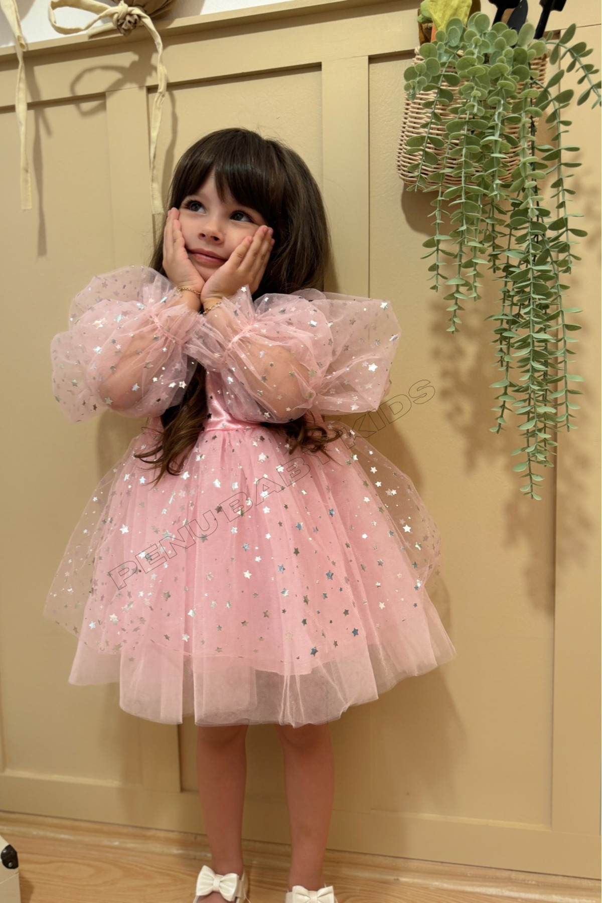 penu baby kids Pembe Balon Kol Yıldızlı Tül Uzun Kol Kız Çocuk Elbise fotoğrafı 7 (önizleme)