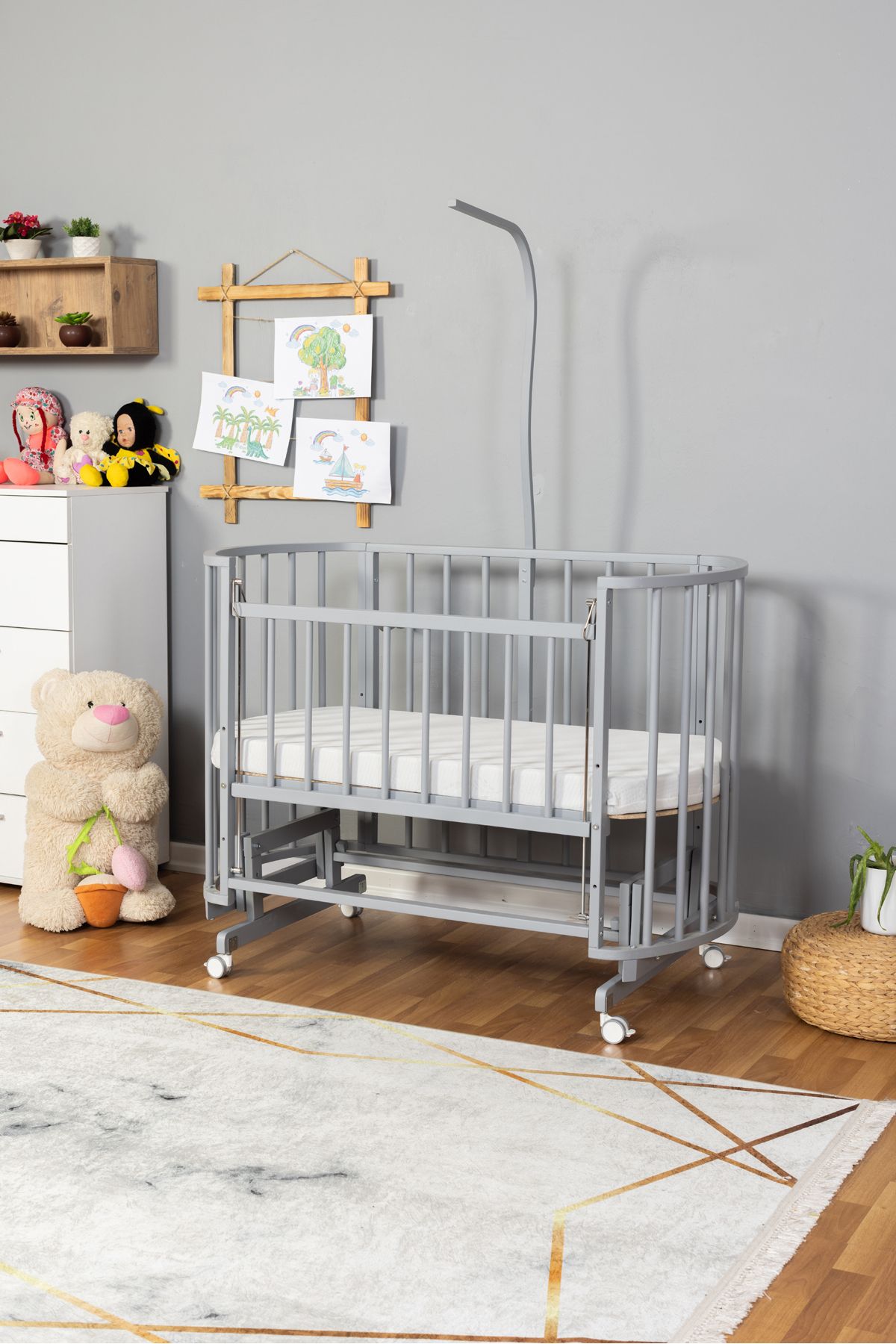 Carino Wins Ahşap Beşik Anne Yanı Yeni Doğan Papatya GRİ Bebek Beşiği TEK YATAK + TEKERLEKLİ