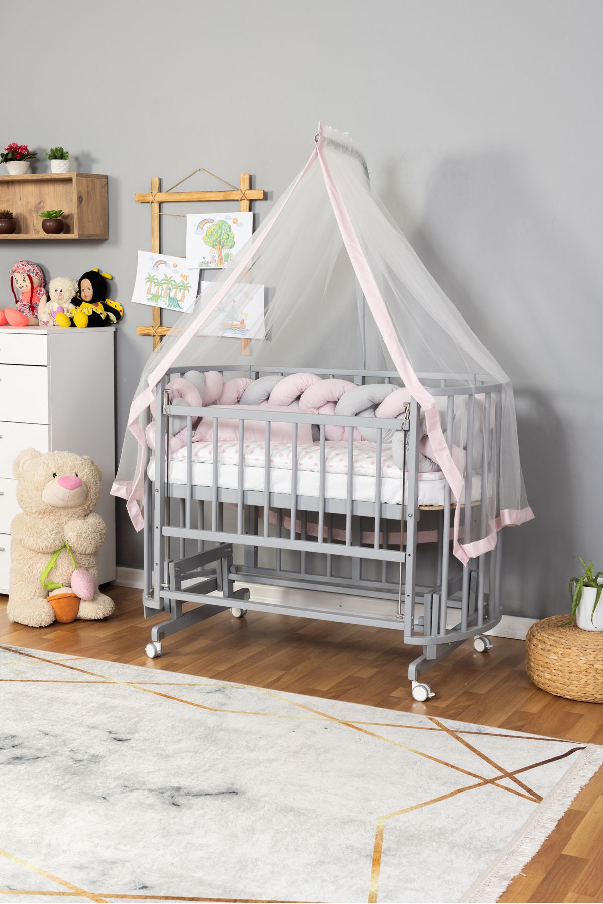 Carino Wins Ahşap Beşik Anne Yanı Yeni Doğan Papatya GRİ Bebek Beşiği PEMBE GRİ ÖRGÜ UYKU SETLİ+TEKER