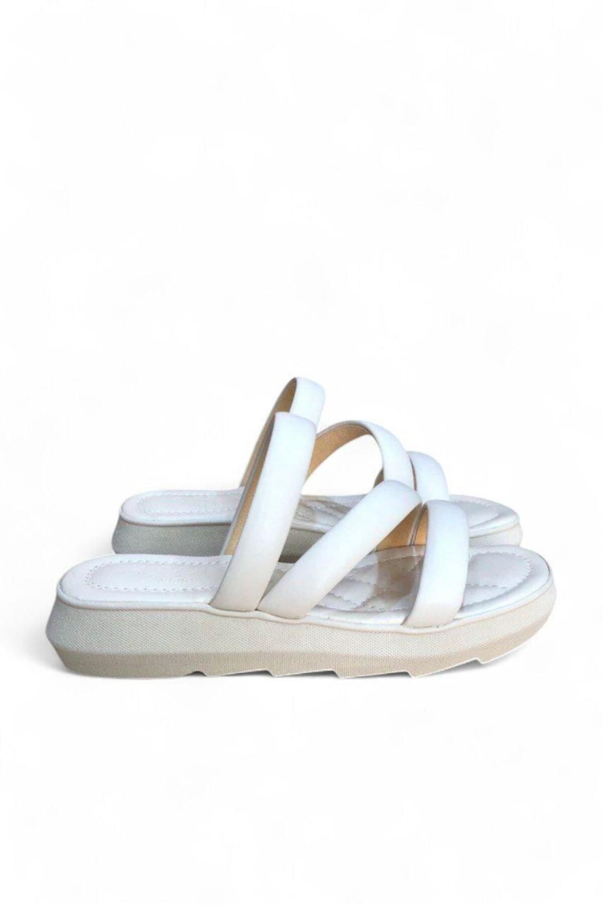 CihanShoes Garantili Ortopedik Günlük Rahat Düz Taban Şık Kadın Terlik 36-37-38-39-40 Numara Krem