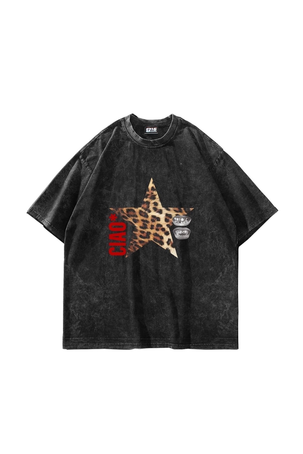 Tarzsokak Ciao Yıldız Baskılı Oversize Unisex Yıkamalı Siyah