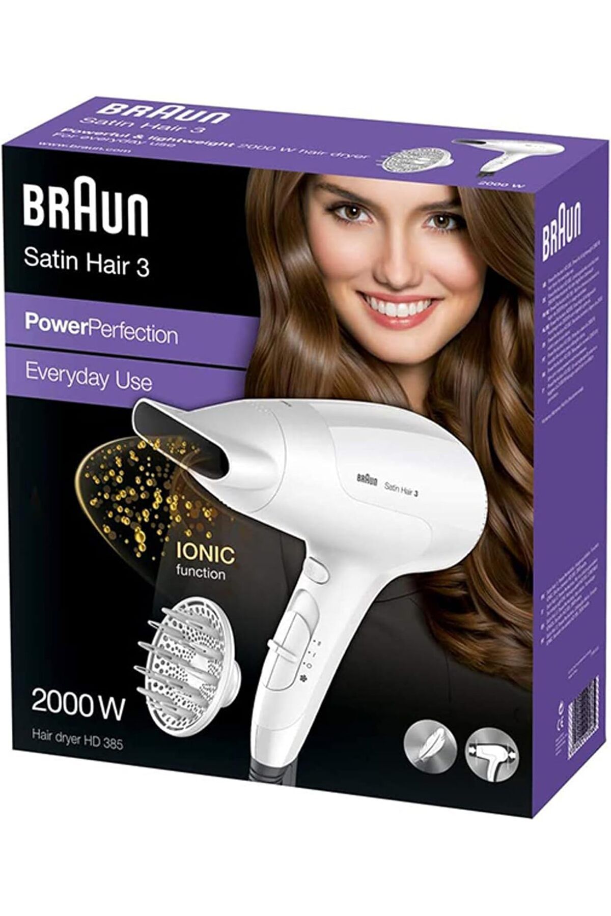 Braun-Braun Satin Hair 3 PowerPerfection hairdryer HD385 with ion function and styling nozzle, 2000 Watts 3