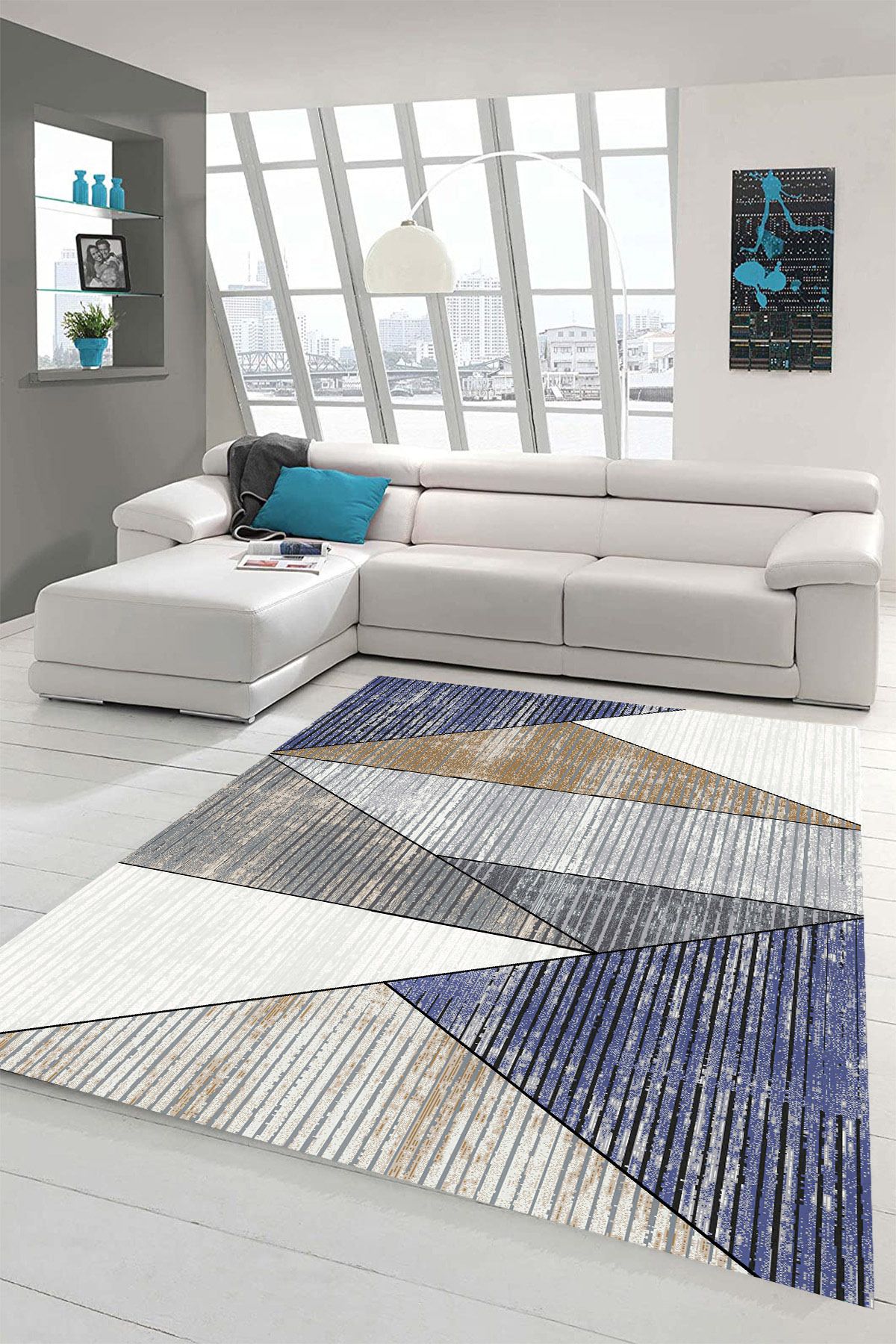 MKYHOME Makinede Yıkanabilir Kaymaz Taban Leke Tutmaz Geometrik Desenli Salon ve Yolluk Halısı