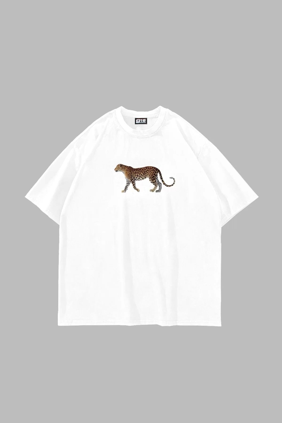 Tarzsokak Walking Leopard Baskılı Oversize Unisex Beyaz