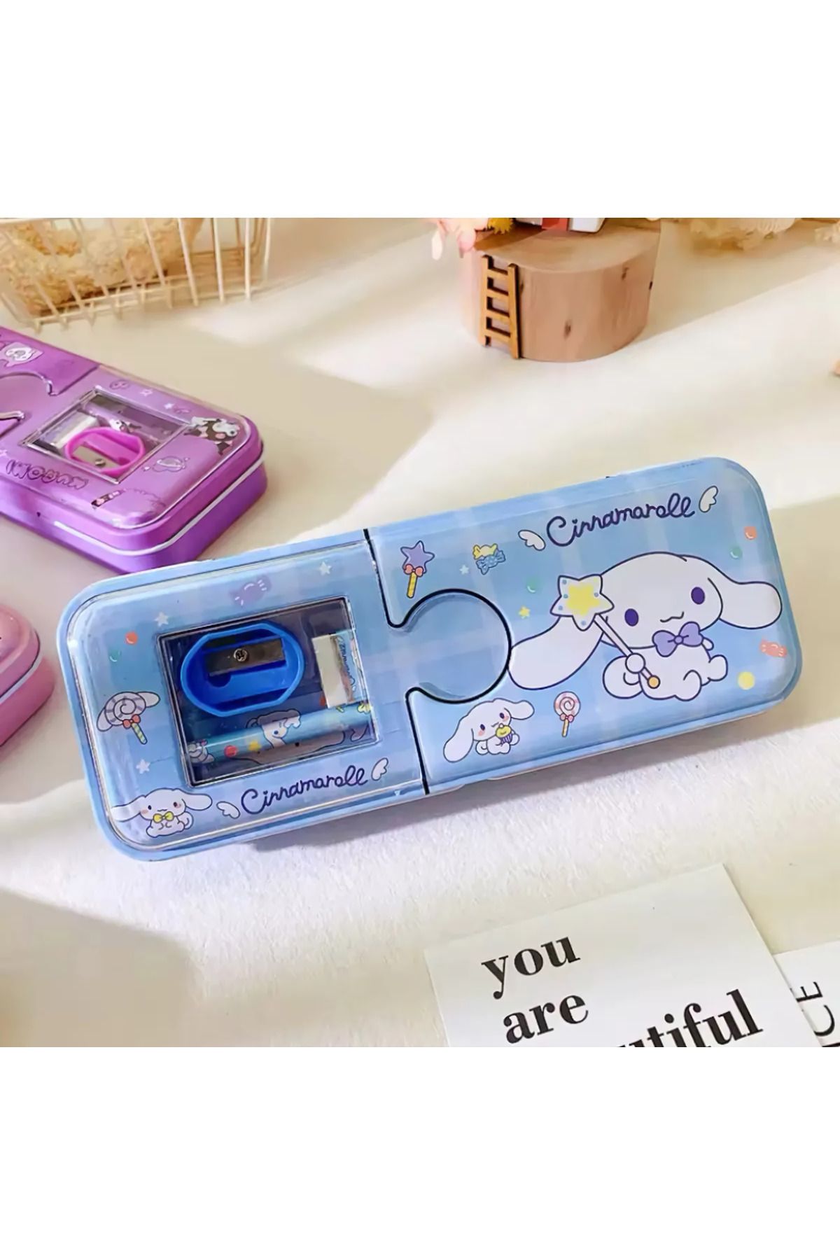 MJ TOYS Kawaii Sanrio Kuromi Metal Kalem Kutusu Kırtasiye Seti Cinnamoroll Kuromi Kalemlik Hediye Seti