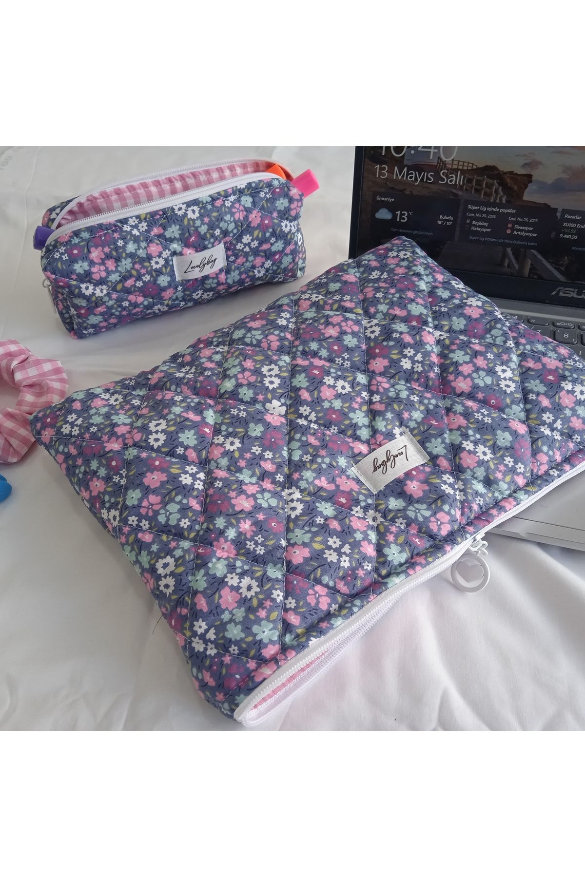 LOVELYBAG Gri çiçekli laptop çantası 10-11inç'e kadaruyumlu