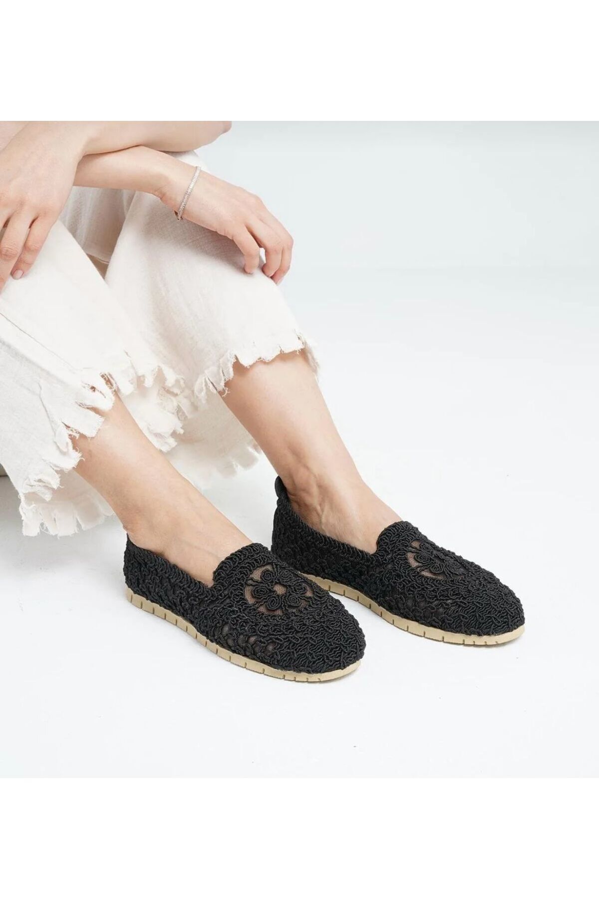 Shoebuo Kadın Siyah Çiçek Nakış Triko Hasır Babet Rahat Tabanlı Günlük