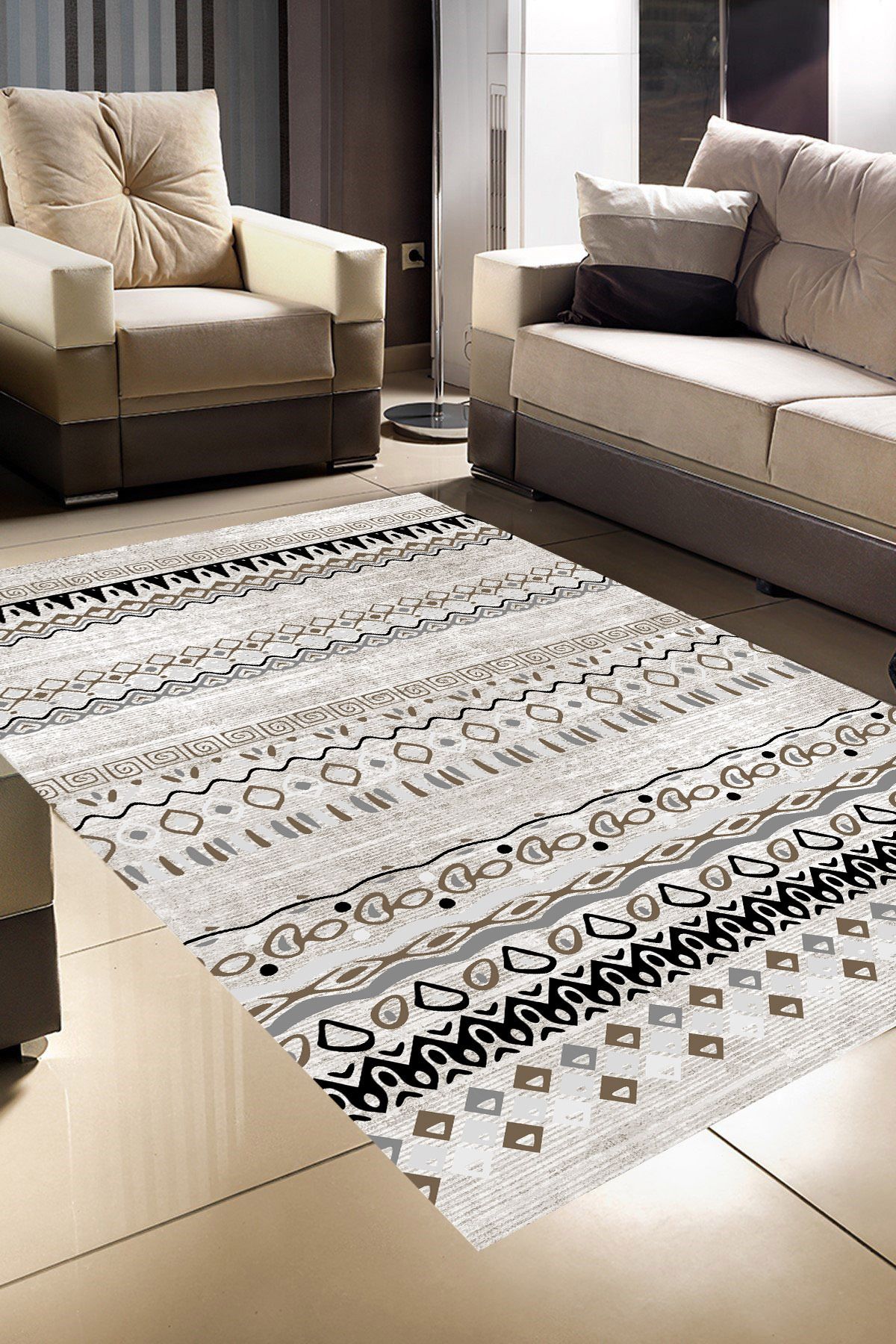 MKYHOME Makinede Yıkanabilir Kaymaz Taban Leke Tutmaz Etnik Desenli Salon ve Yolluk Halısı