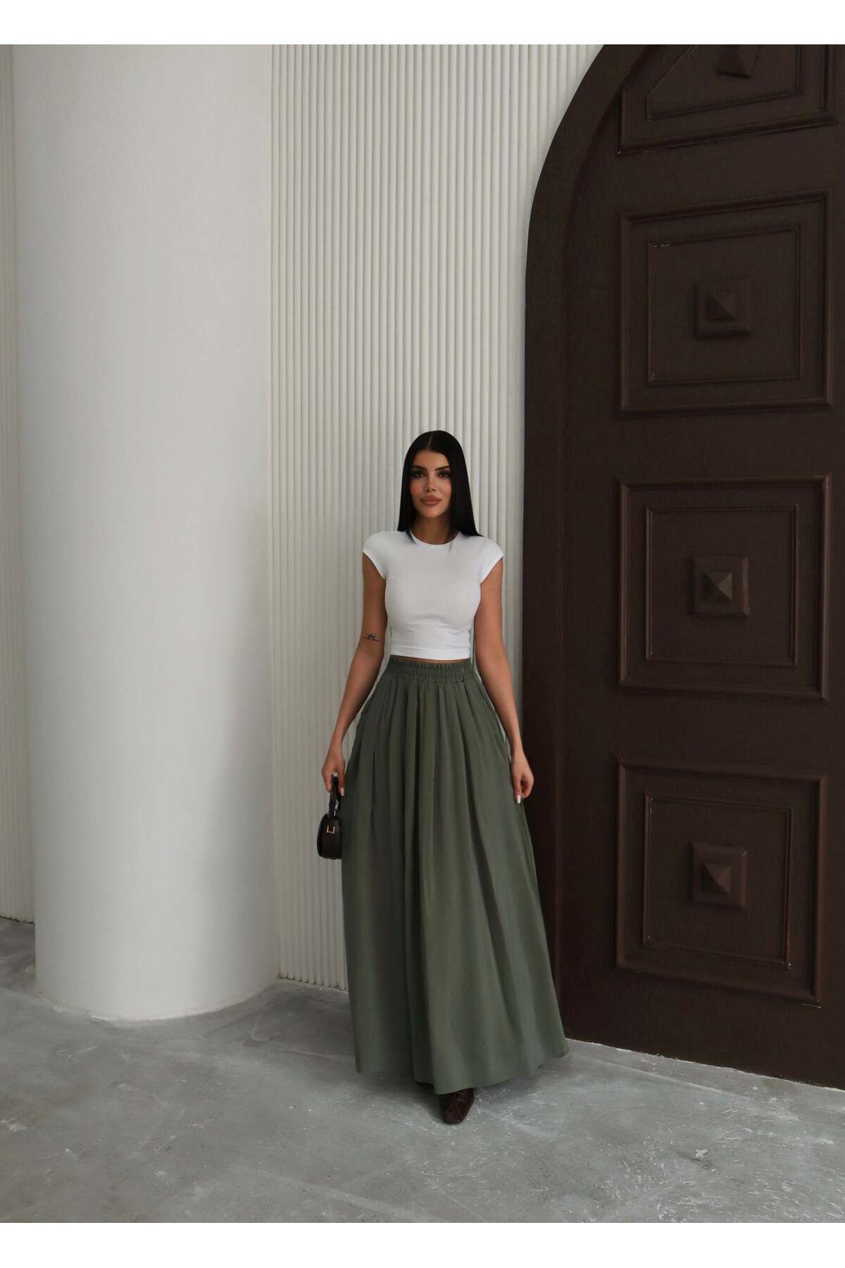 Hatun Atila Modal Kumaş Beli Lastikli Cepli Etek 8821 Haki