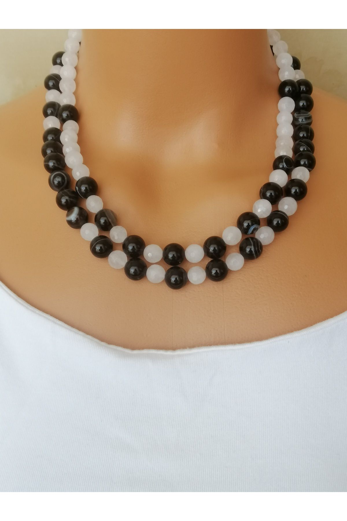 LemaStone Doğal taş kolye ;AA Kalite siyah göz akik ve berrak beyaz faset kesim kristal kuvars doğal taşı
