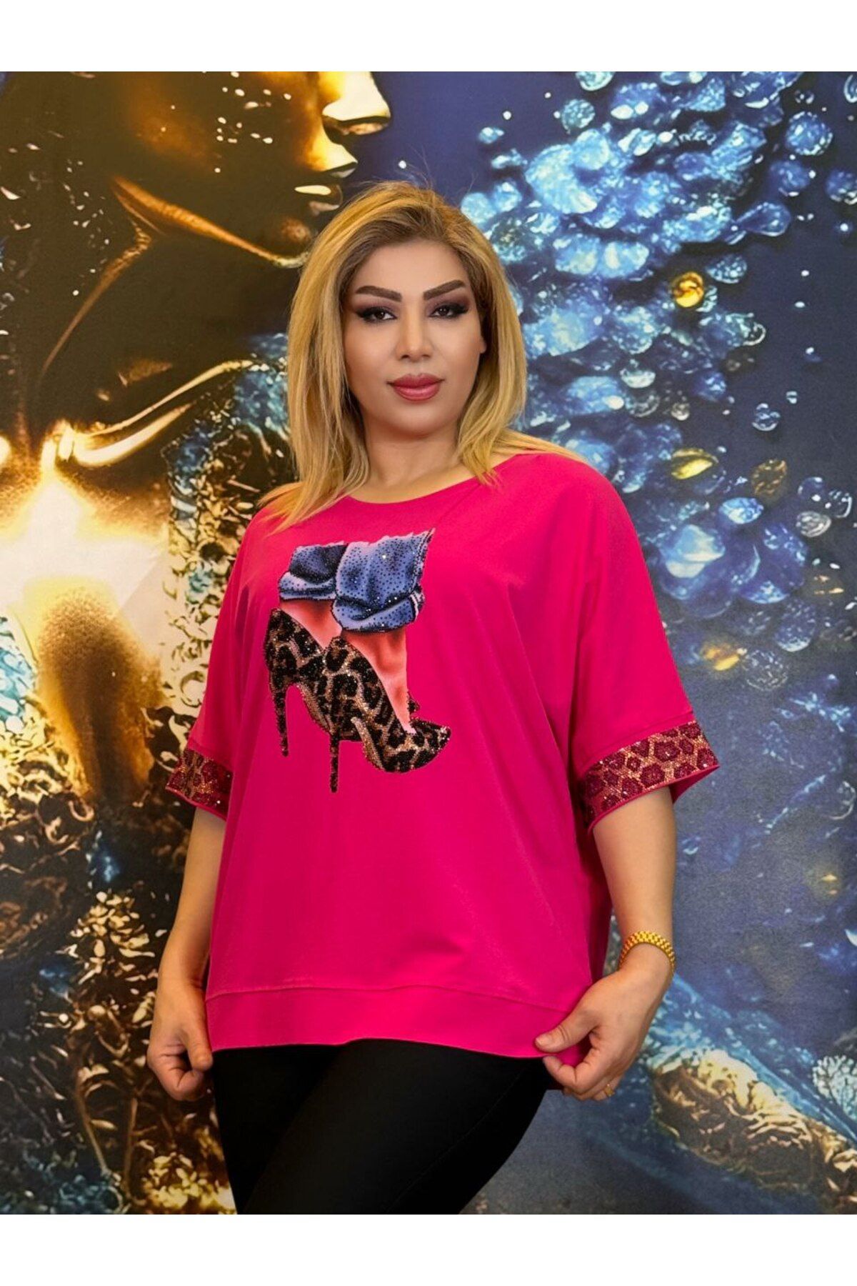Yeşilmoda bluz,yazlık,pamuklu,Pembe,Leopar desenli,Kısa kollu,Taşli işlemeli,Likralı