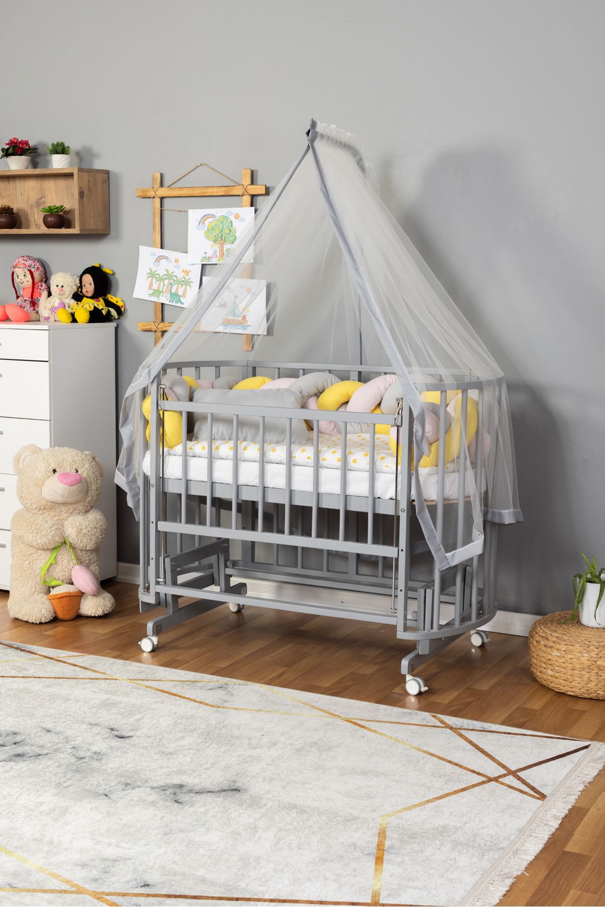 Carino Wins Ahşap Beşik Anne Yanı Yeni Doğan Papatya GRİ Bebek Beşiği SARI PEMBE ÖRGÜ UYKU SETLİ+TEKER