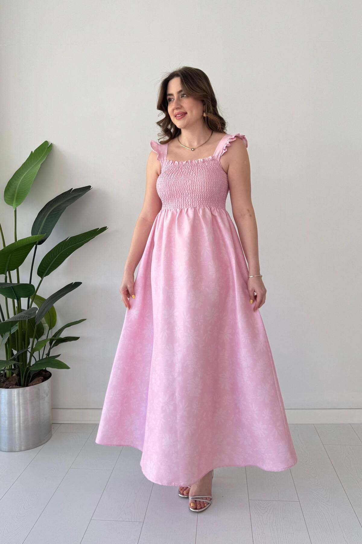 MaziButik Gipeli Maksi Floral Elbise Pembe