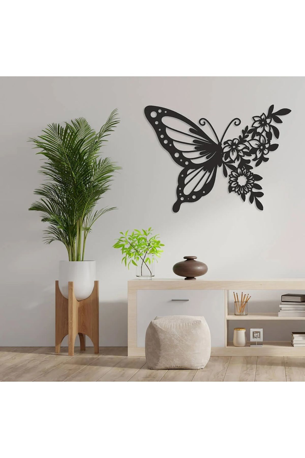 Lotuswoodart Dekoratif Duvar Süsü - Kelebek Çiçek - Lazer Kesim Ahşap Tablo
