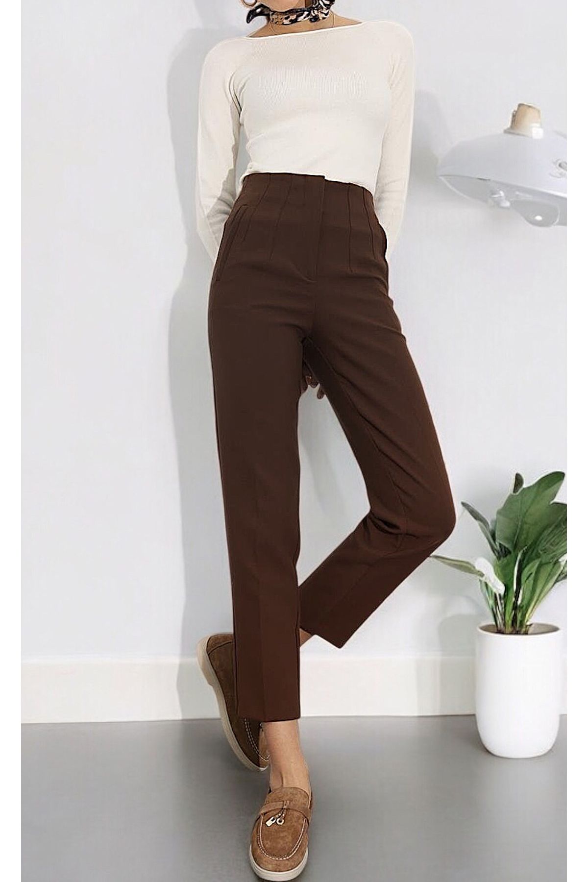 studio fashion 1988 Kadın Karol Premium Önü Flatolu Biyeli Yüksek Bel Zr Model Kumaş Boru Paça Havuç Pantolon