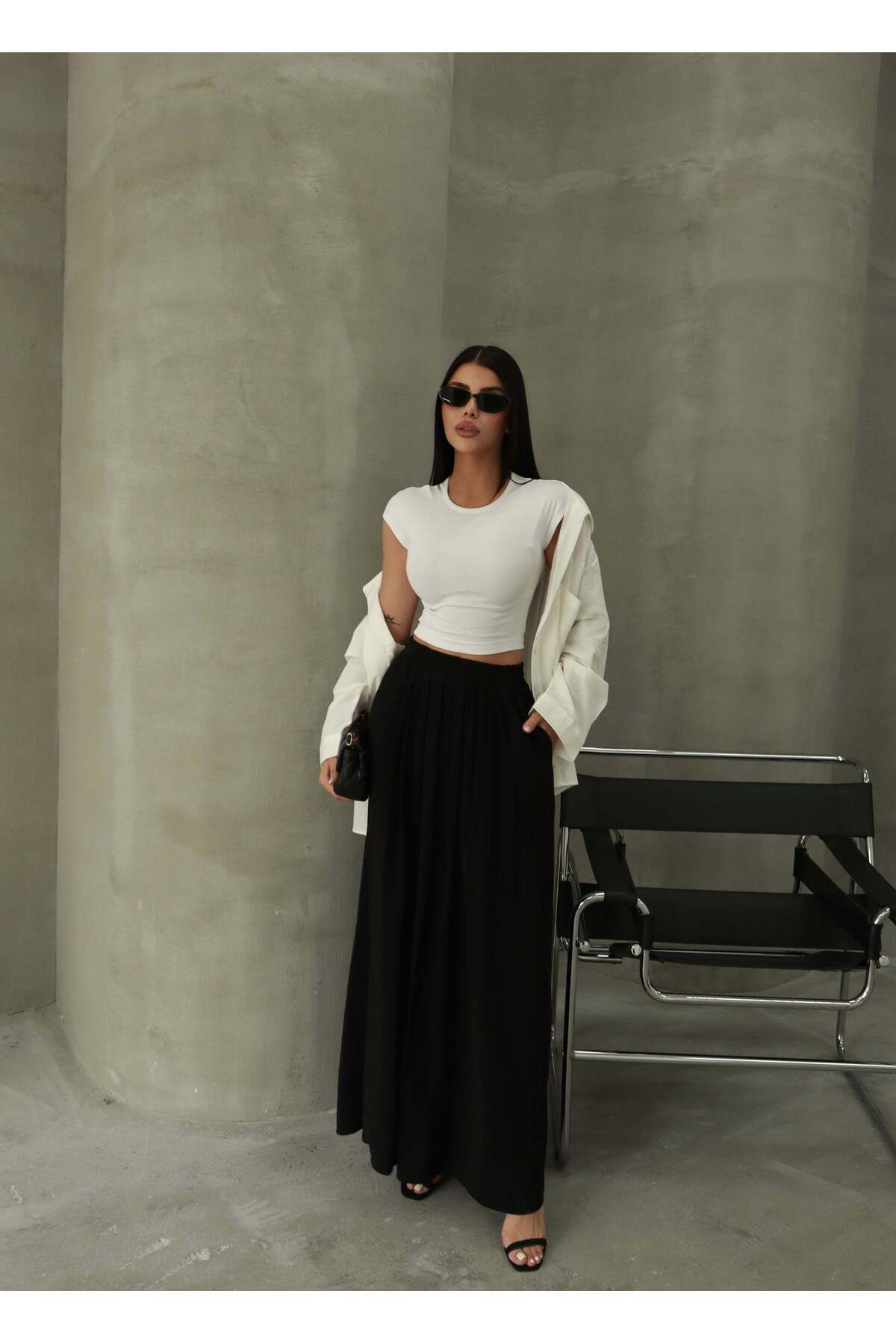 Hatun Atila Modal Kumaş Beli Lastikli Cepli Etek 8821 Siyah
