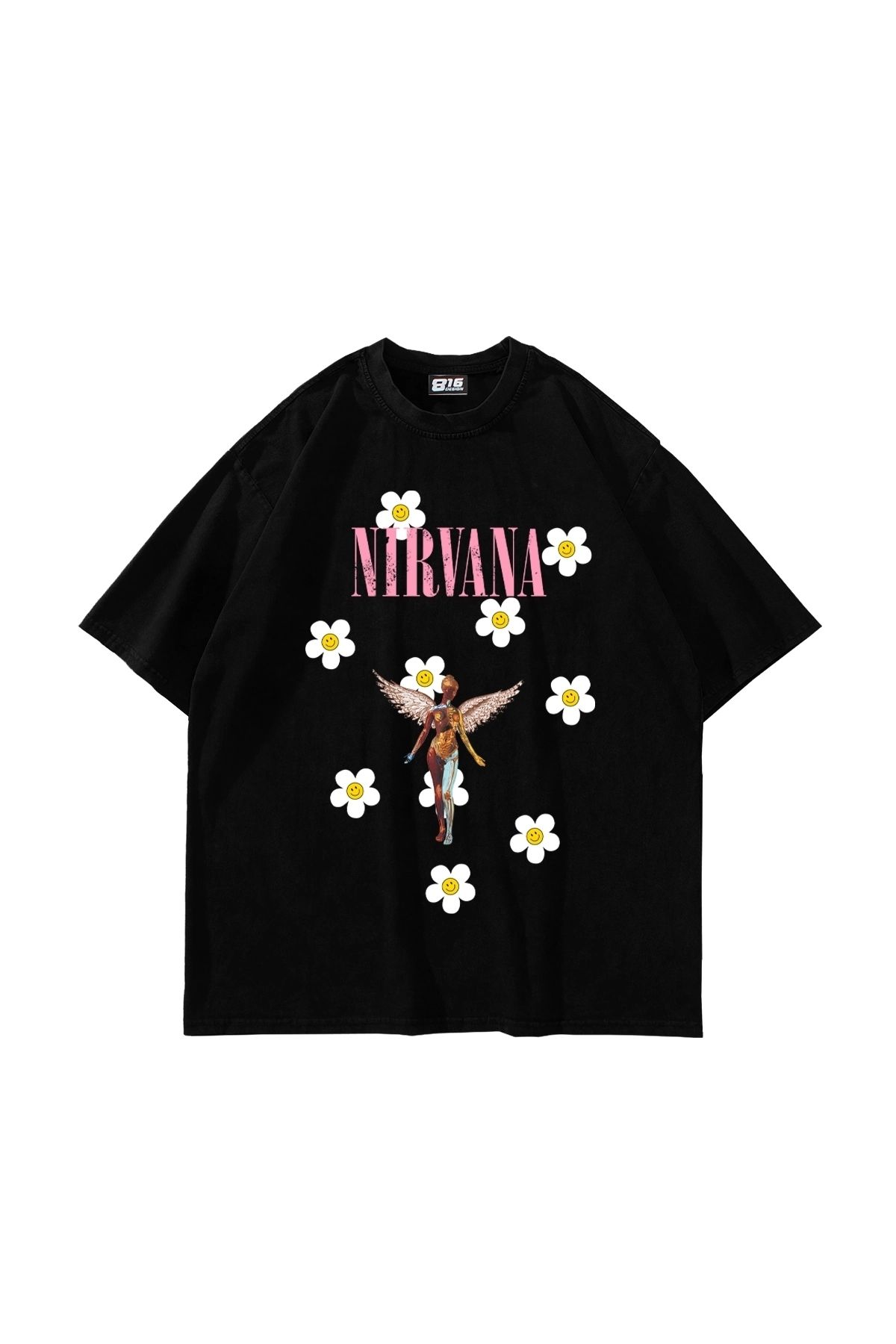 Tarzsokak Nirvana Daisy Baskılı Oversize Unisex Siyah