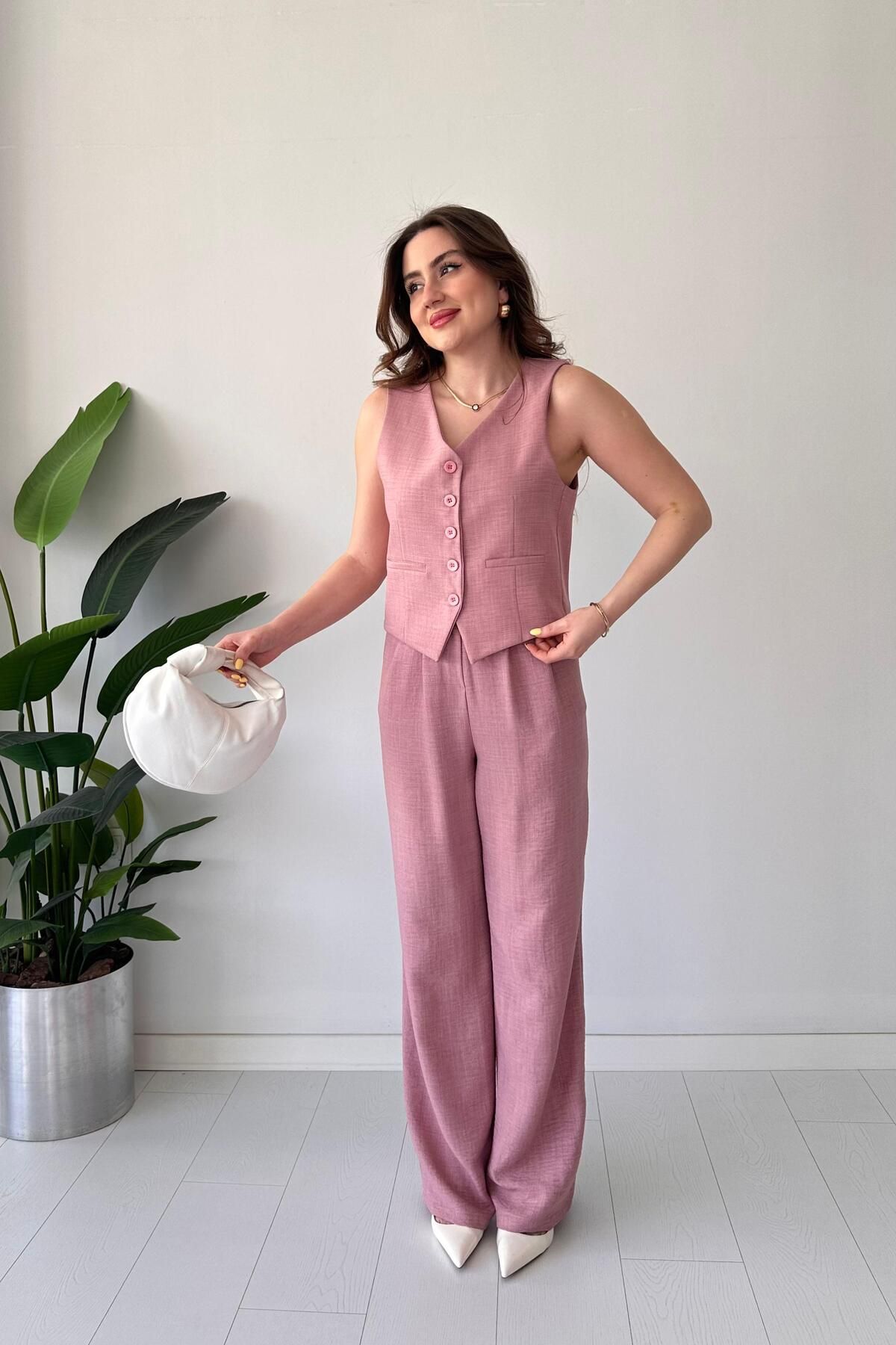 MaziButik Yelekli Pantolon Takım Pudra
