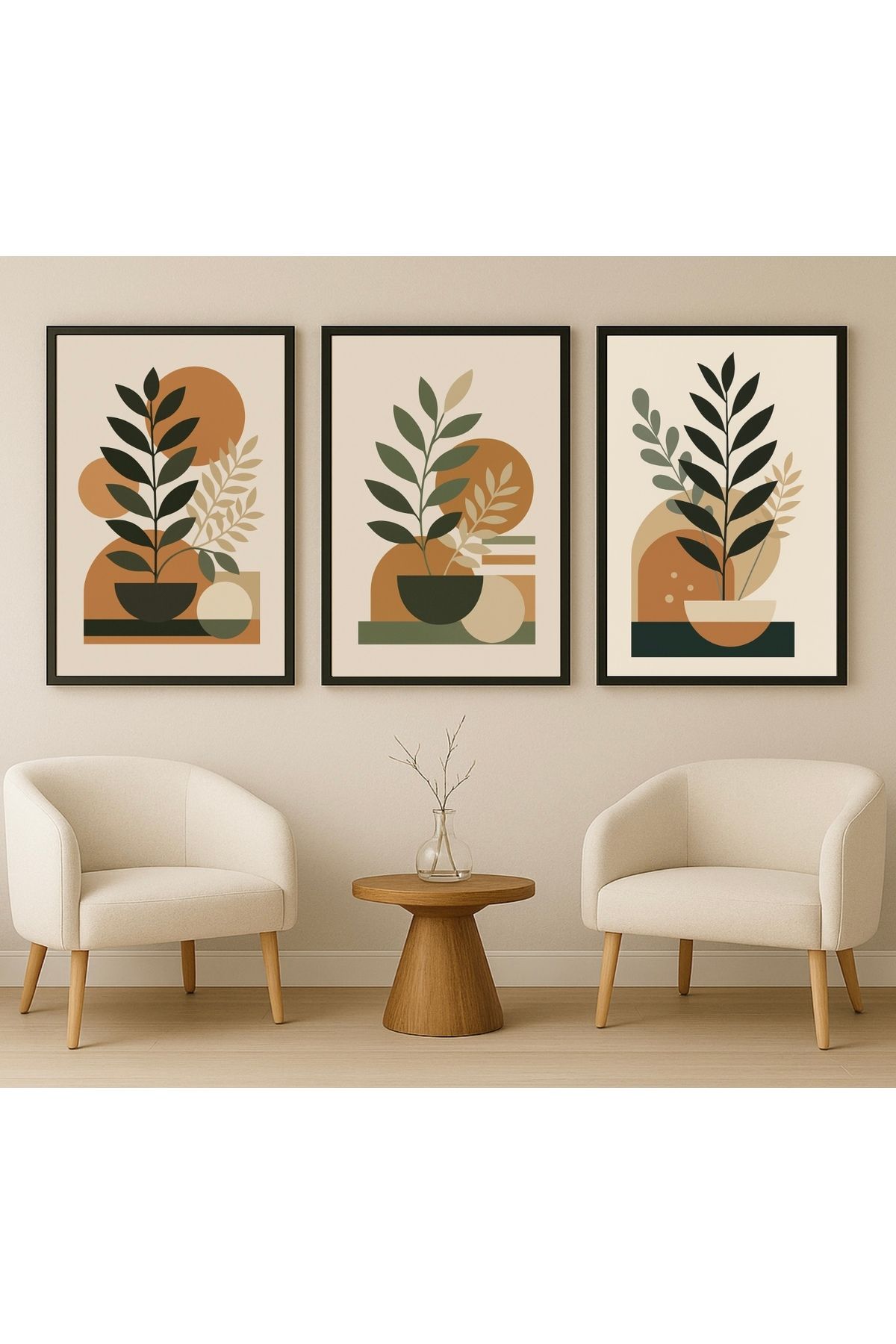 For Art Atölye Calm Nature - Özel Tasarım 3’lü Dijital Baskı Ahşap Çerçeveli Tablo Seti