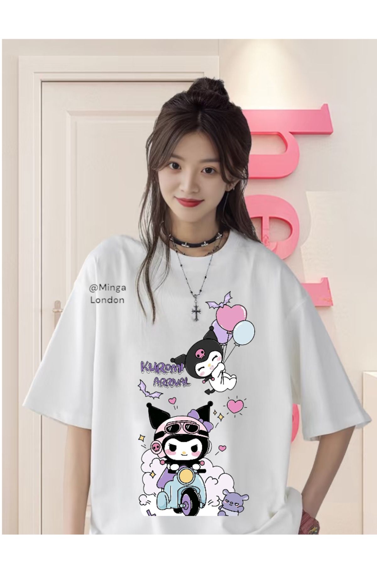 Minga London Beyaz Kuromi Clouds & Balloon Ön Baskı Oversize Unisex Tshirt -Ghostella