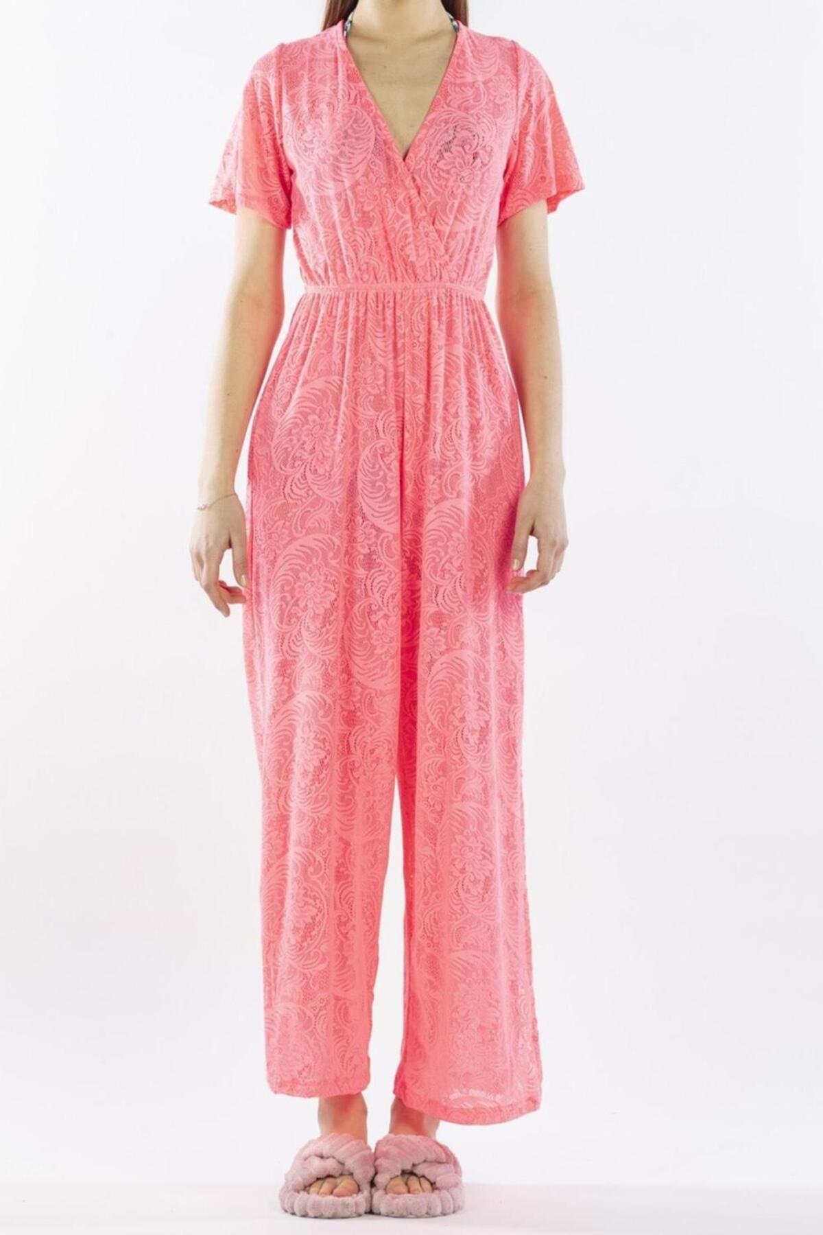 Women's Pareo Jumpsuit Beach Dress Neon Lace Pink