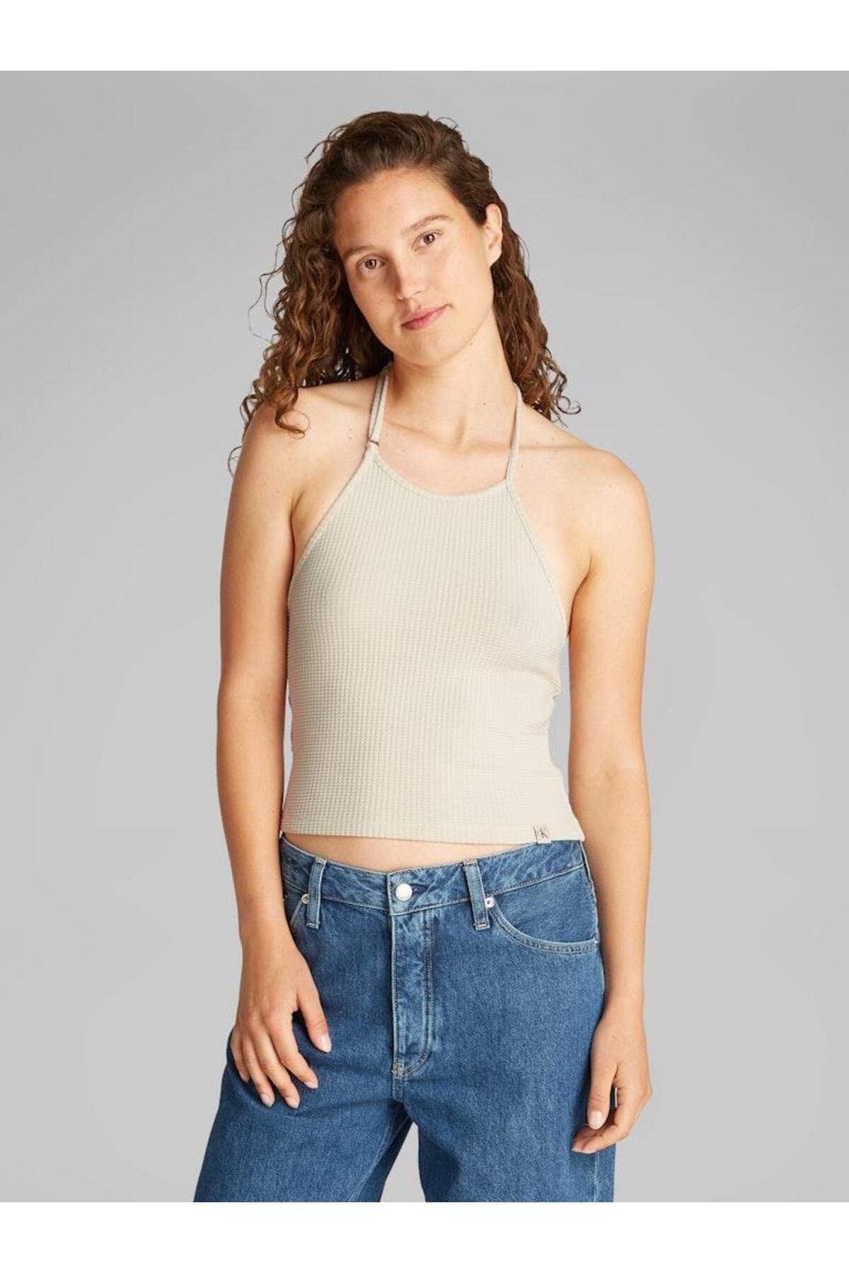Calvin Klein Kadın WAFFLE TEXTURE HALTERNECK TOP T-Shirt