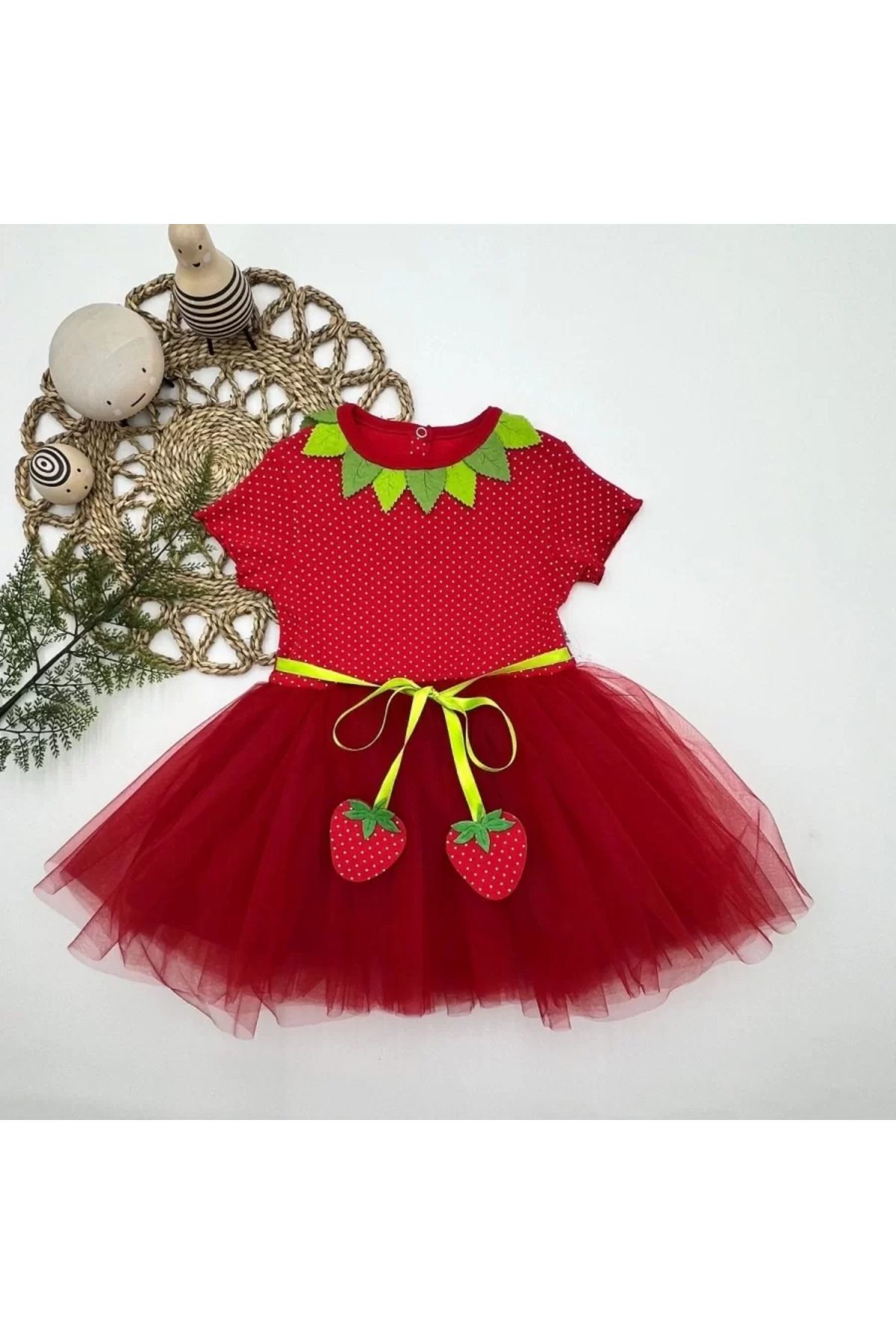onlinebutik Çilek Bebekler Baskılı Çilek Kuşaklı Astarlı Kız Bebek Tütü Elbise Kırmızı
