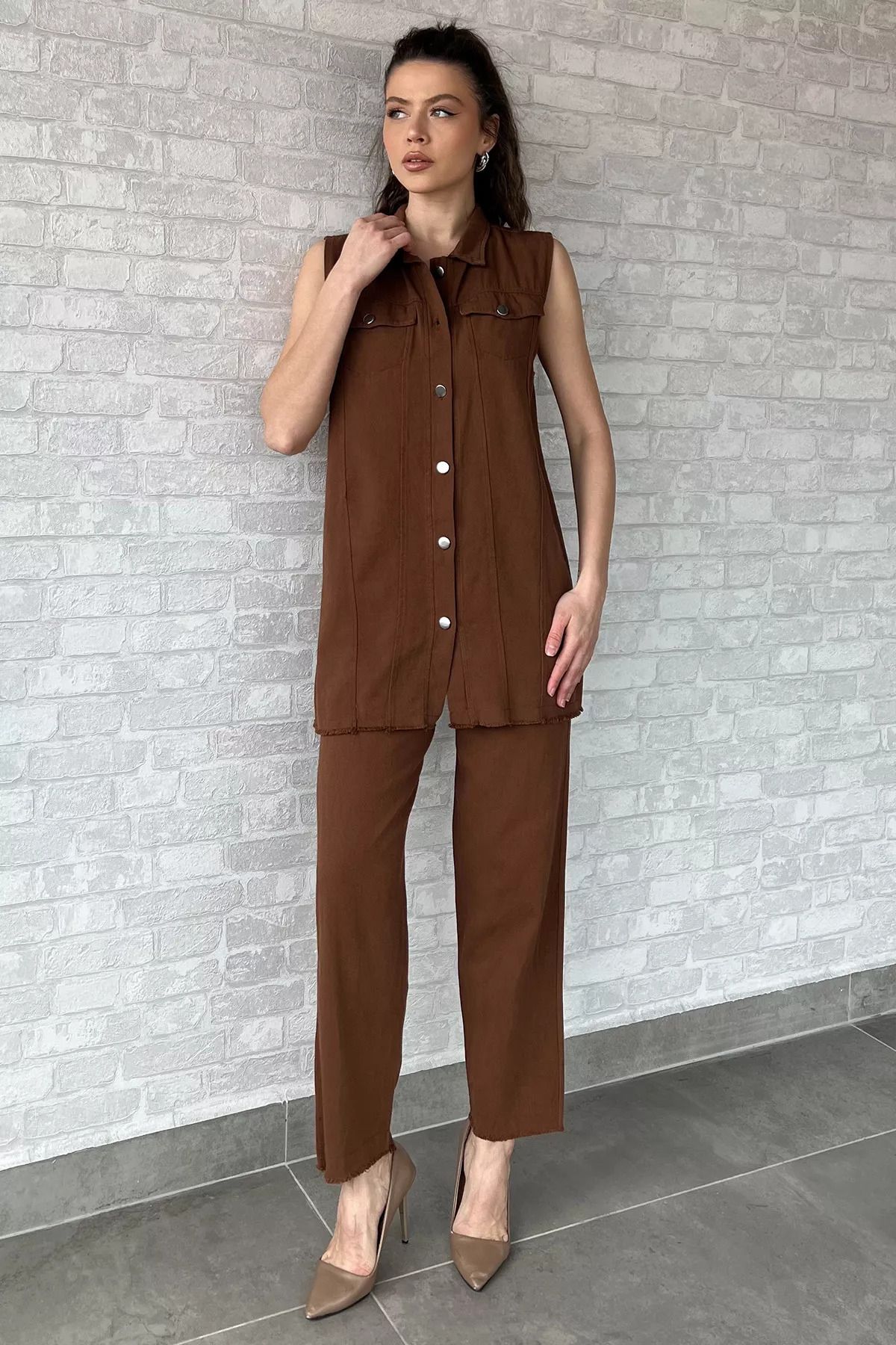 GÜLSELİ Açıkkahve Kadın Gabardin Yelek Pantolon İkili Takım