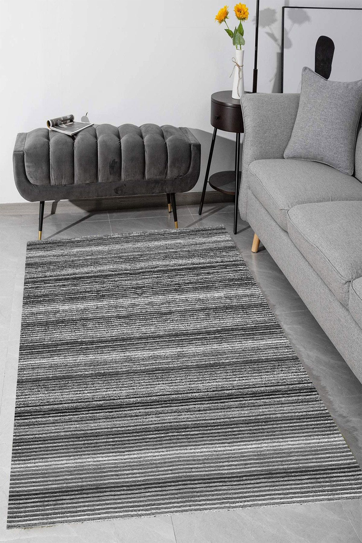MKYHOME Makinede Yıkanabilir Kaymaz Taban Leke Tutmaz Şerit Desenli Salon ve Yolluk Halısı