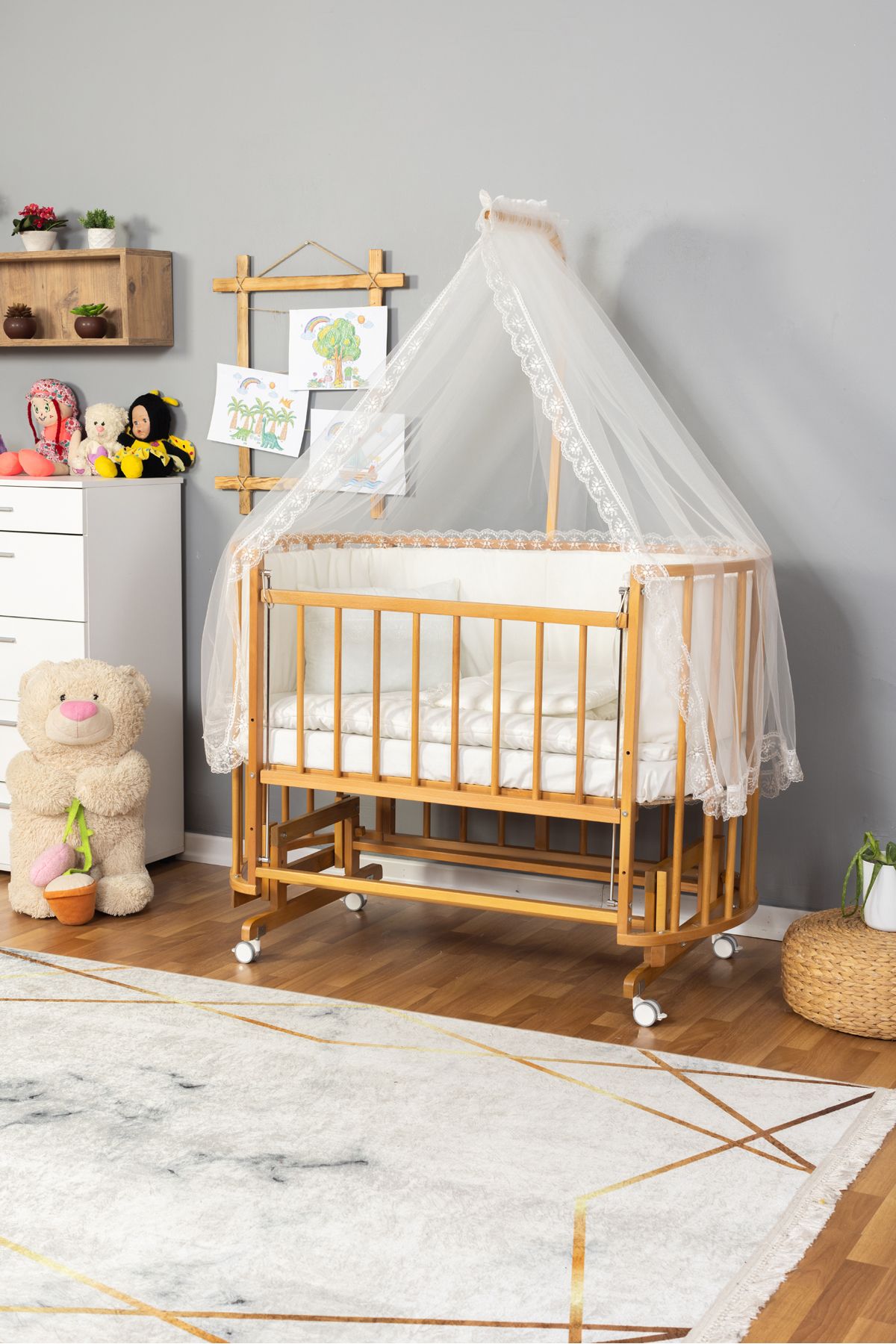 Carino Wins Ahşap Beşik Anne Yanı Yeni Doğan Papatya Doğal Bebek Beşiği KREM GÜPÜR UYKU SETLİ + TEKER