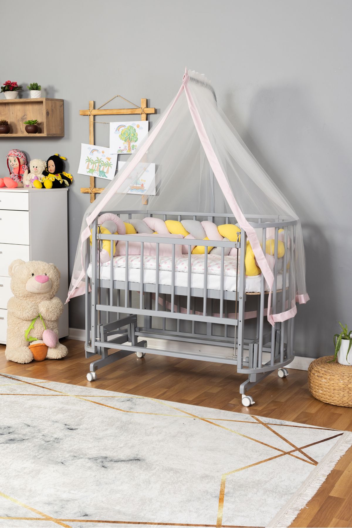 Carino Wins Ahşap Beşik Anne Yanı Yeni Doğan Papatya GRİ Bebek Beşiği PEMBE SARI ÖRGÜ UYKU SETLİ+TEKER