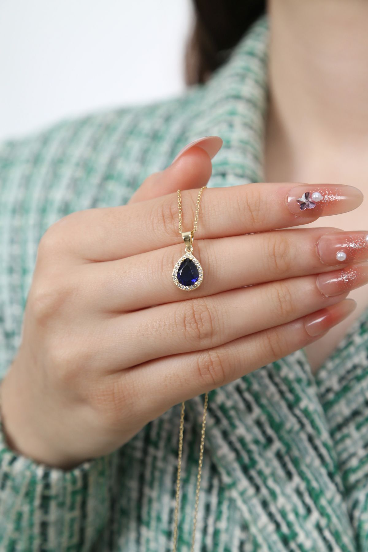 Sanem silver Damla Safir Taşlı Gümüş Kolye,925 Ayar Gümüş Üzeri 14 Ayar Altın Kaplama,Safir Pırlanta Modeli