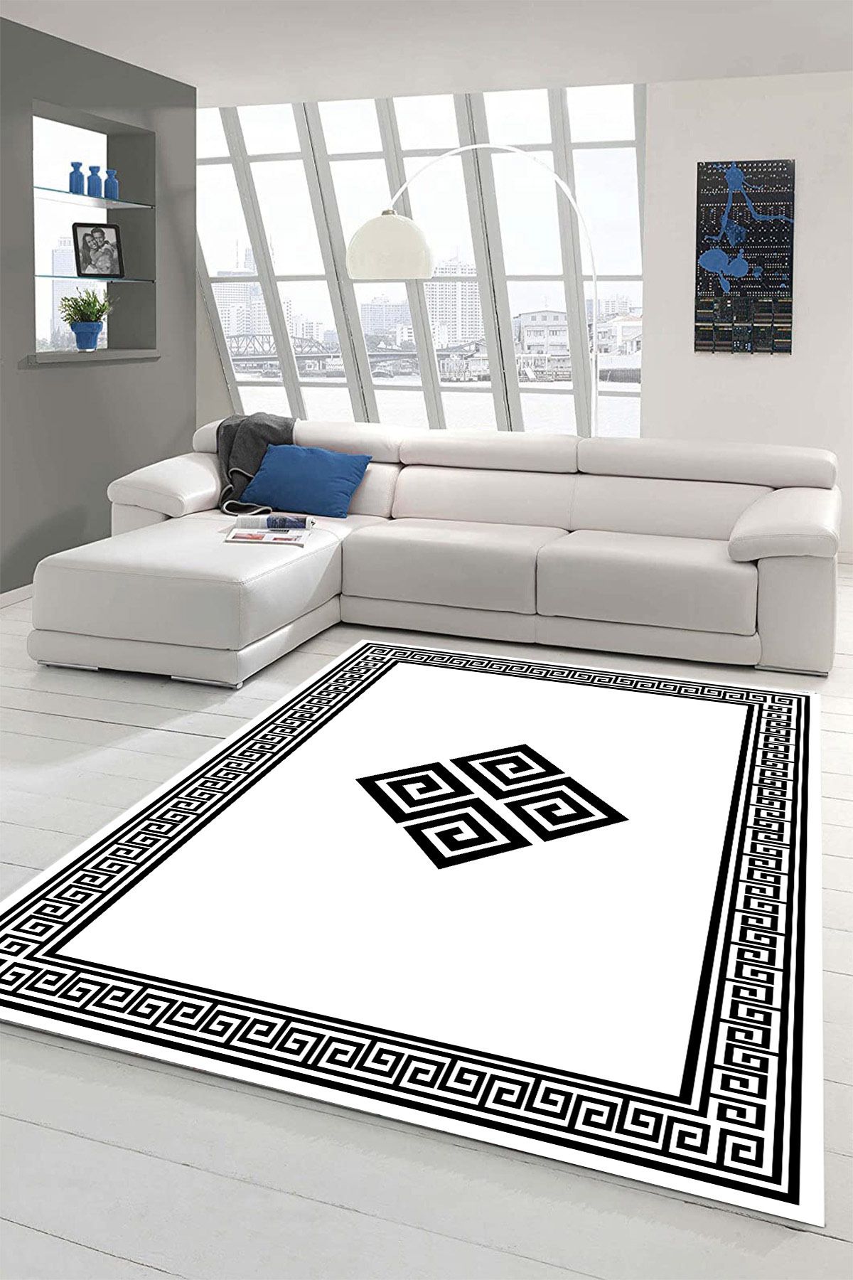 MKYHOME Makinede Yıkanabilir Kaymaz Taban Leke Tutmaz Beyaz Şekil Desenli Salon ve Yolluk Halısı