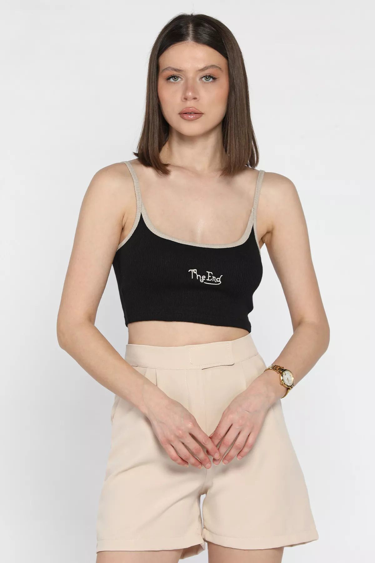 GÜLSELİ Siyahbej İp Askılı Nakışlı Crop Top Kaşkorse Bluz (s-m-l Uyumludur)