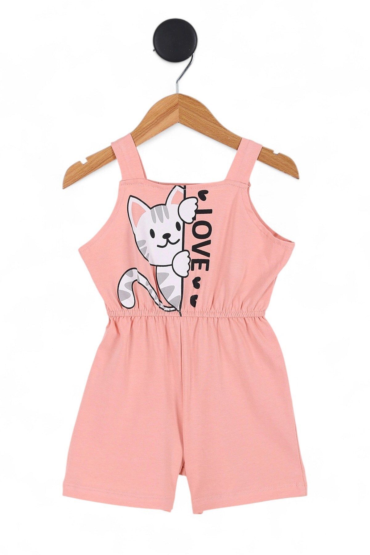 voyyo kids baby KIZ ÇOCUK YAZLIK LOVE KEDİ BASKILI SALOPET ŞORTLU TULUM 1-2-3-4 YAŞ
