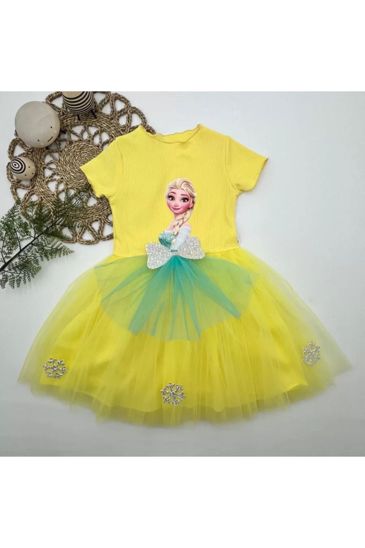 onlinebutik Elsa Desenli Fiyonklu Tül Etekli Astarlı Kısa Kollu Kız Çocuk Tütü Elbise Sarı