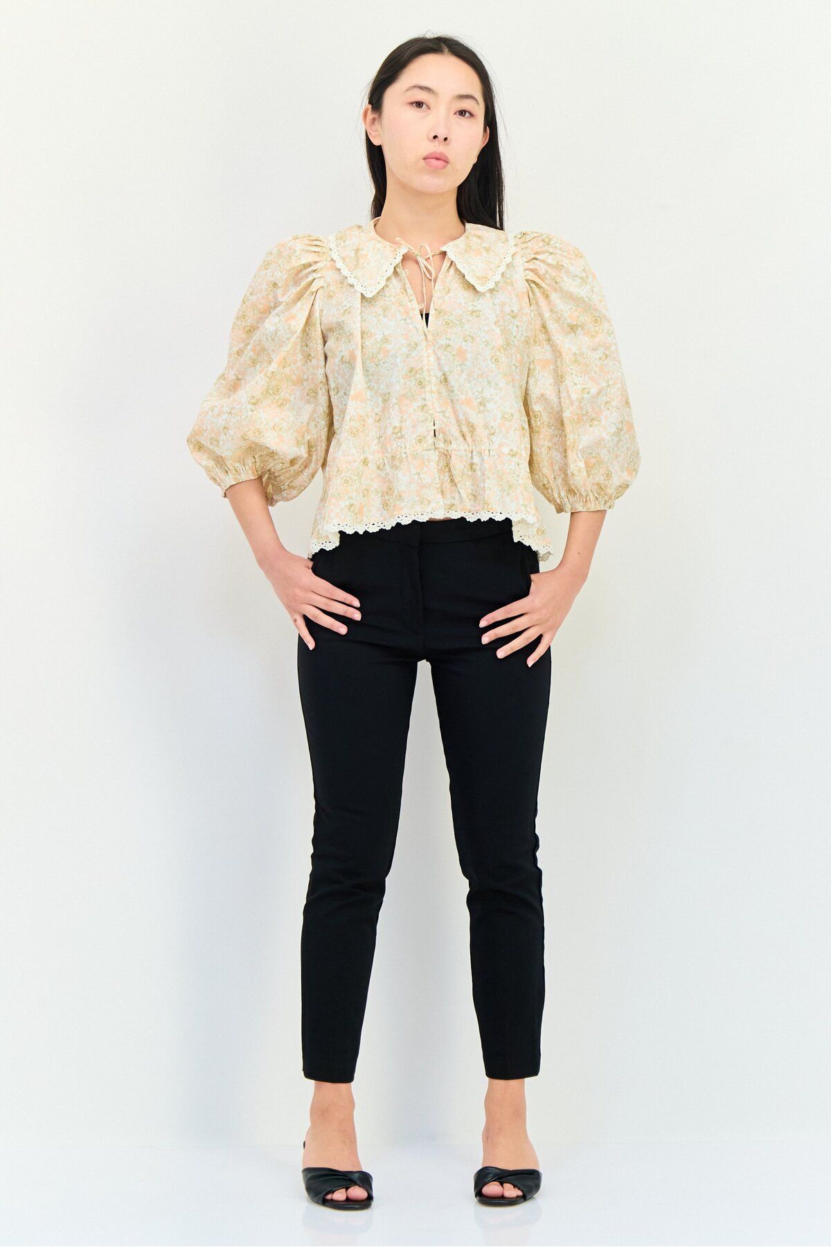 Maje-Women Tie Neck 3/4 Sleeves Allover Print Blouse, Floral 3