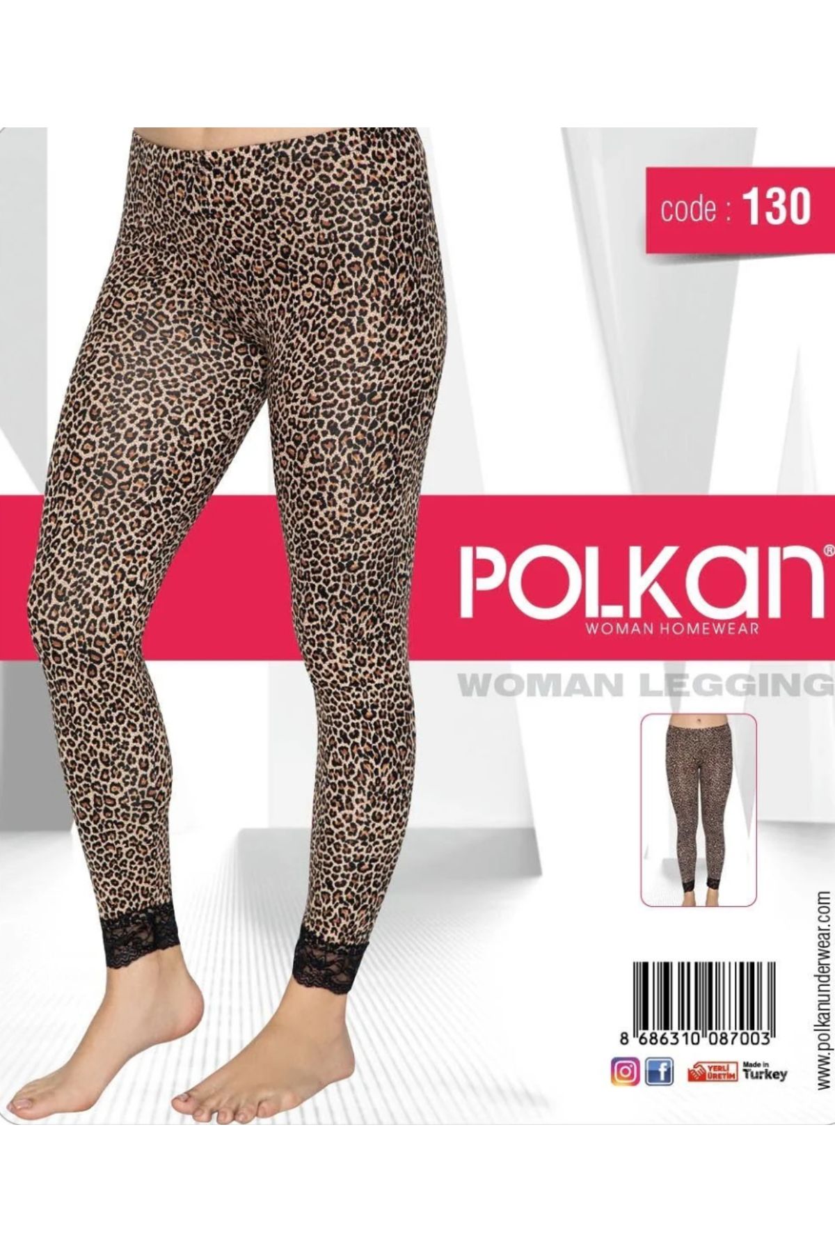 POLKAN OSMU POLKAN Leopar Desenli Kadın Paçası Dantelli Şık Tayt Pamuklu