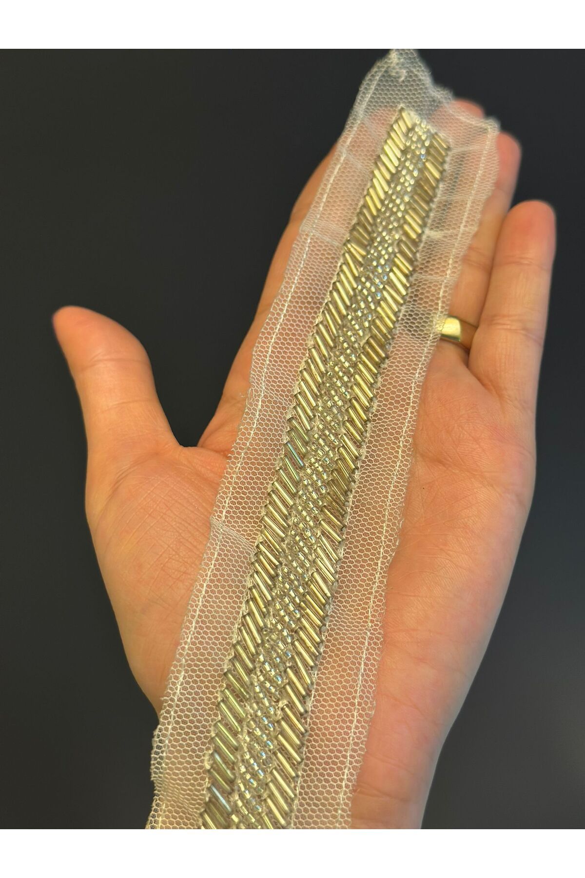 Gönülden Tasarım GÜMÜŞ RENK BONCUK İŞLEME DİKİŞ APLİKE 20X7 CM
