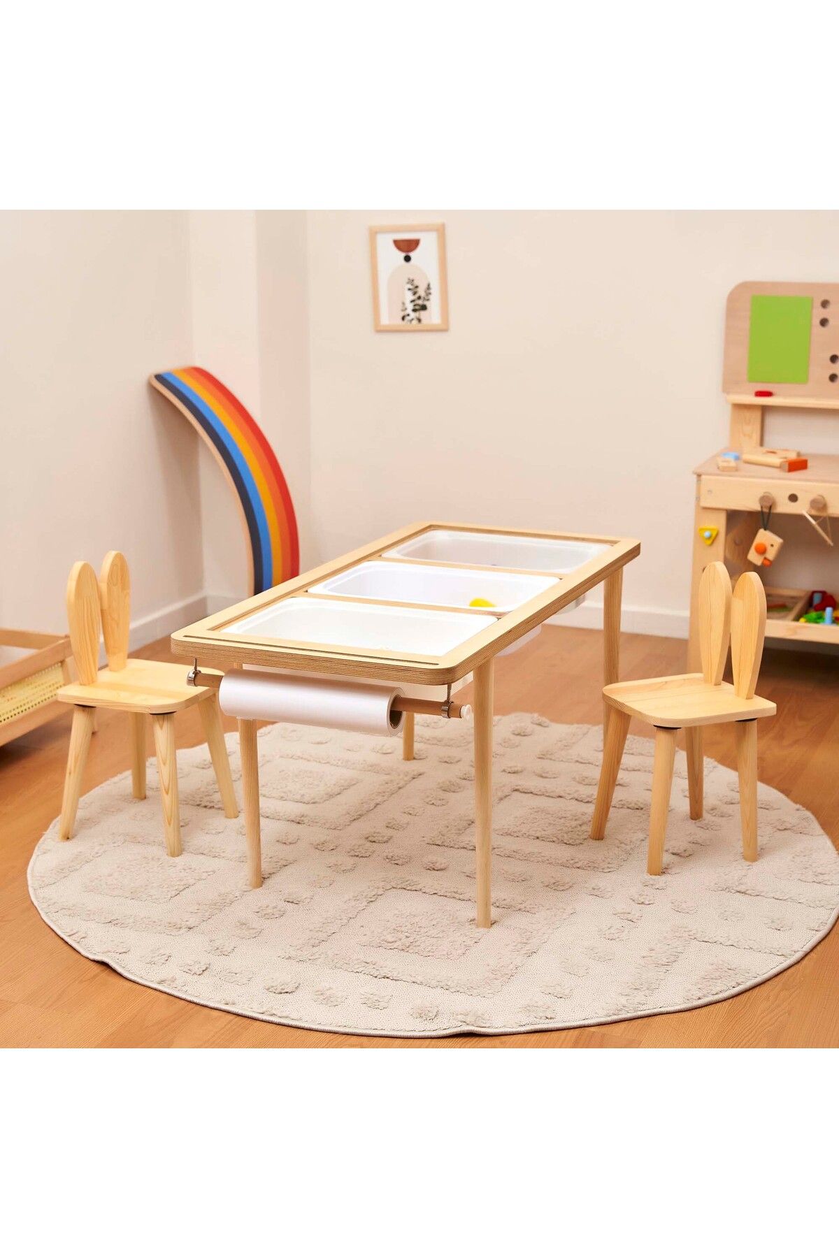Monti Mania Montessori Huş Çocuk Aktivite Masası 3 Sepet Beyaz/kara Tahtalı Rulo Kişiselleştirilebilir 2-6 Yaş