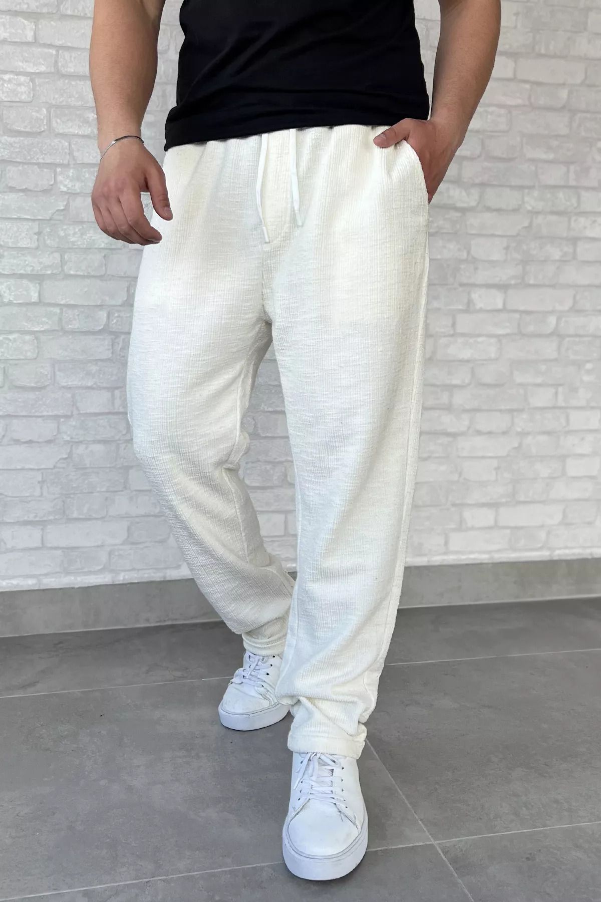MİSHAR İTALİA Krem Bel Bağcıklı Duble Paça Erkek Jogger Pantolon