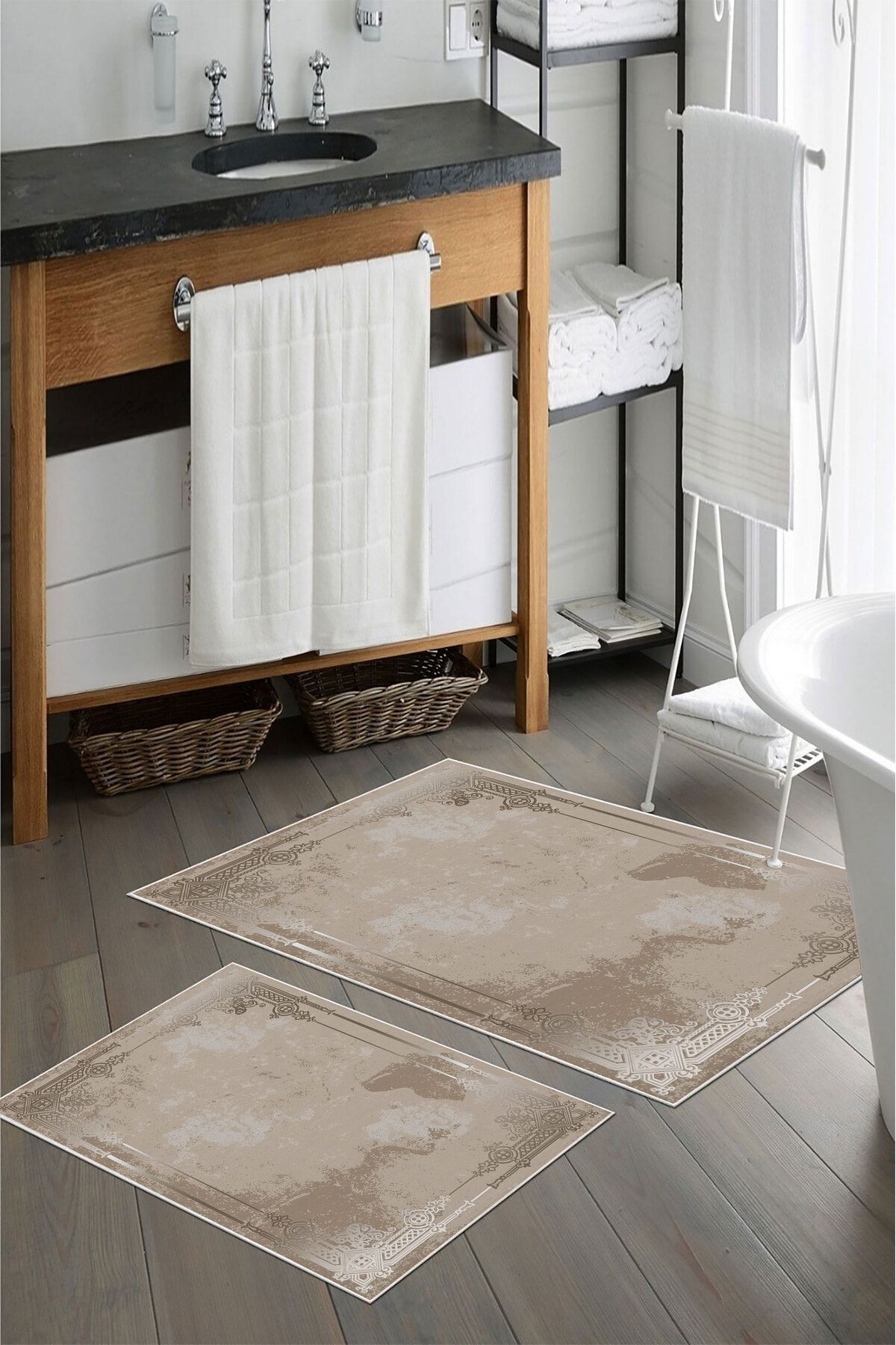 nova century Kaymaz Taban Yıkanabilir 2’li Banyo Paspası - Nova Bath Desenli 60*100 Cm - 50*60 Cm