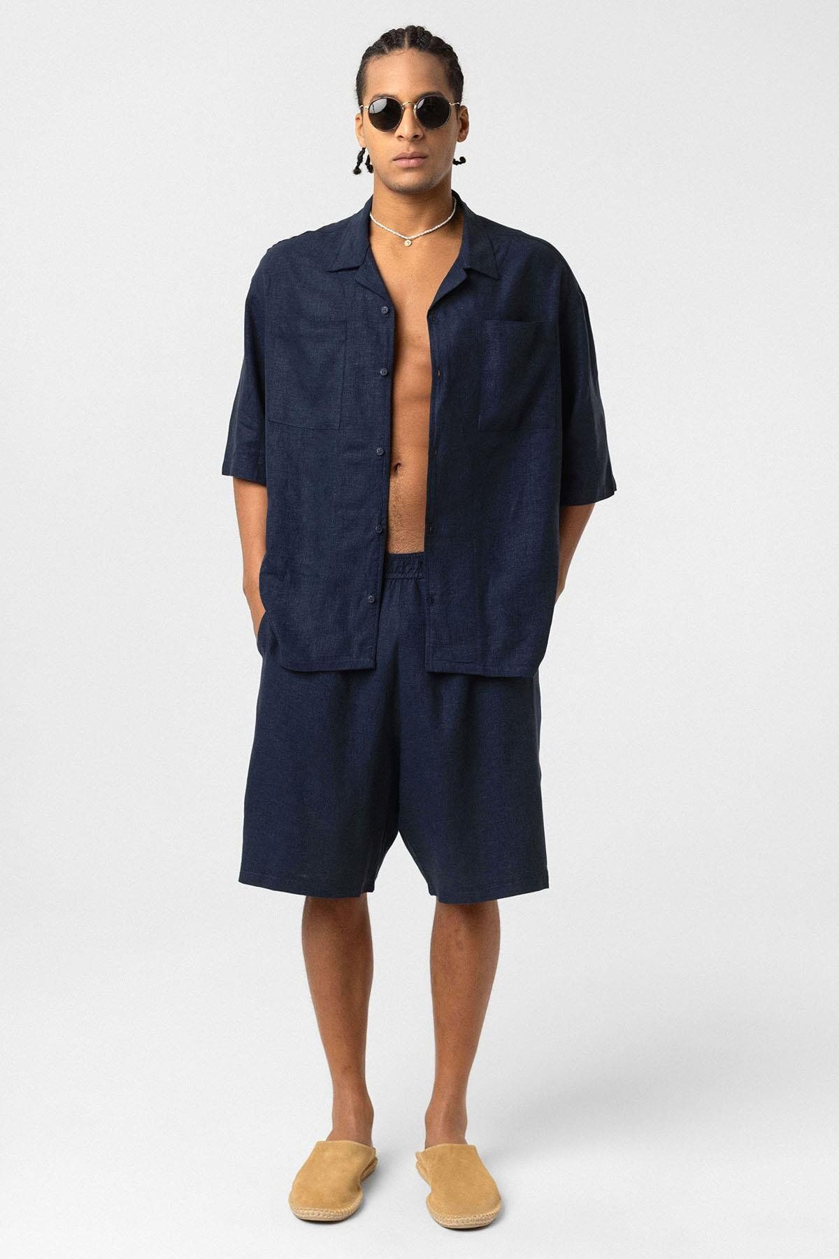 VAMOSCLO Oversize Keten Şort Lacivert